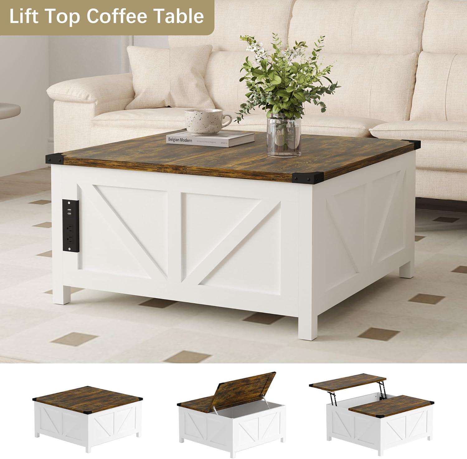 35'' Farmhouse Lift Top Coffee Table, Coffee Table with Storage and Large Hidden Storage, Square Coffee Table with Charging Station&USB Ports