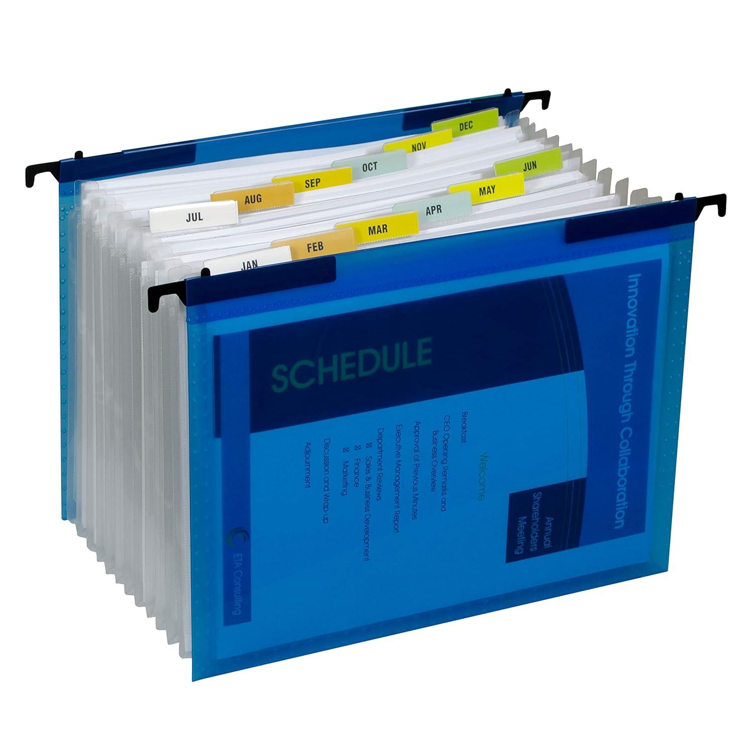 C-Line Expanding File with Hang Tabs, Pre-Printed Index-Tab Inserts, 12 Sections, 1" Capacity, Letter Size, 1/6-Cut Tabs, Blue