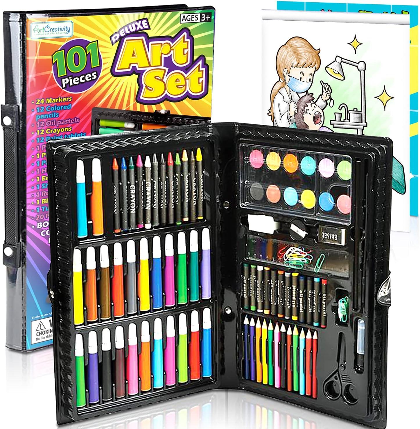 ArtCreativity Deluxe Art Set For Kids - Ideal Beginner Artist Kit Includes 101 Pieces - Watercolor, Crayons, Colored Markers, Color Pencils and More & Bonus Coloring Book