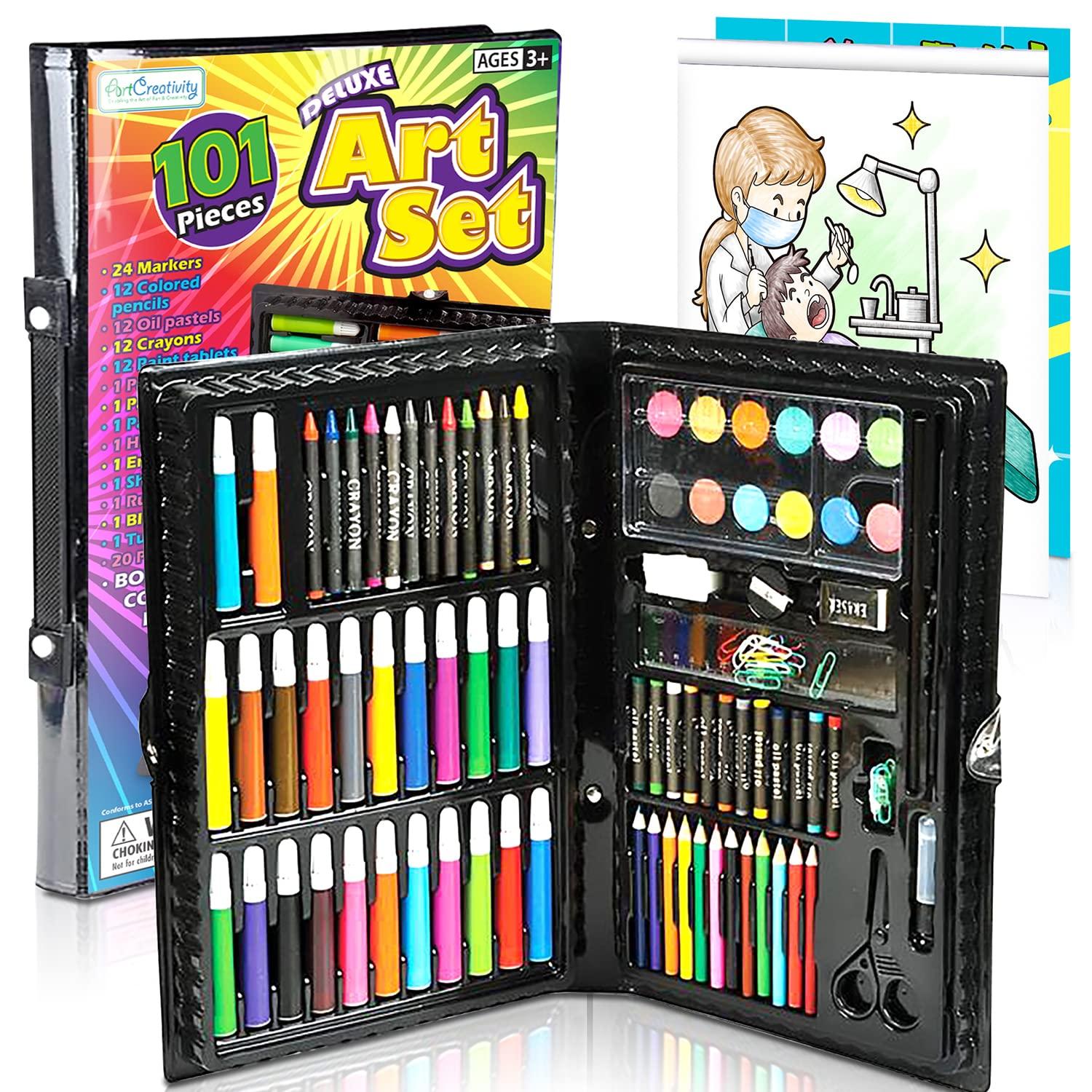 ArtCreativity Deluxe Art Set For Kids - Ideal Beginner Artist Kit Includes 101 Pieces - Watercolor, Crayons, Colored Markers, Color Pencils and More & Bonus Coloring Book
