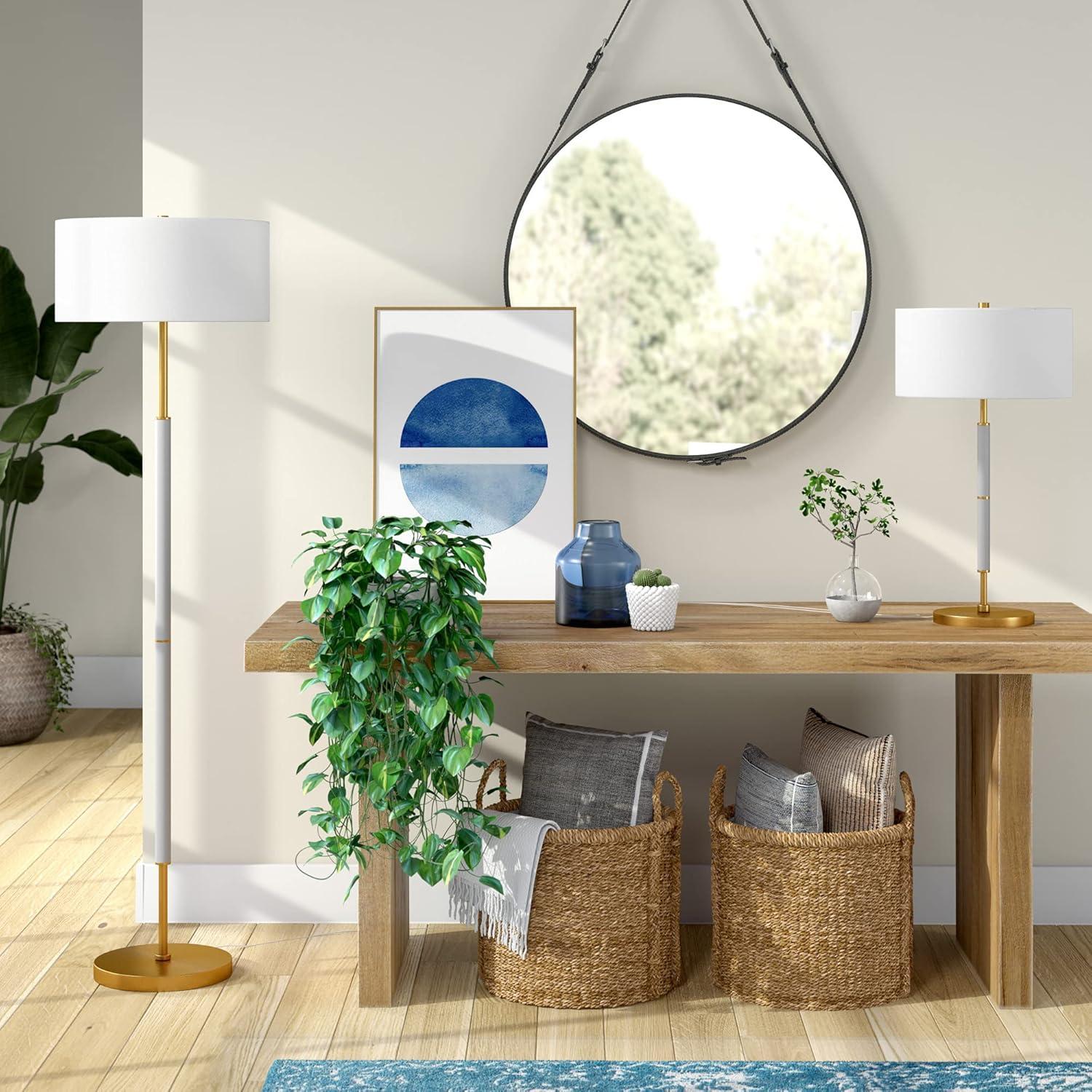 Evelyn&Zoe Simone 2-Light Floor Lamp with Fabric Shade, Cool Gray/Brass/White