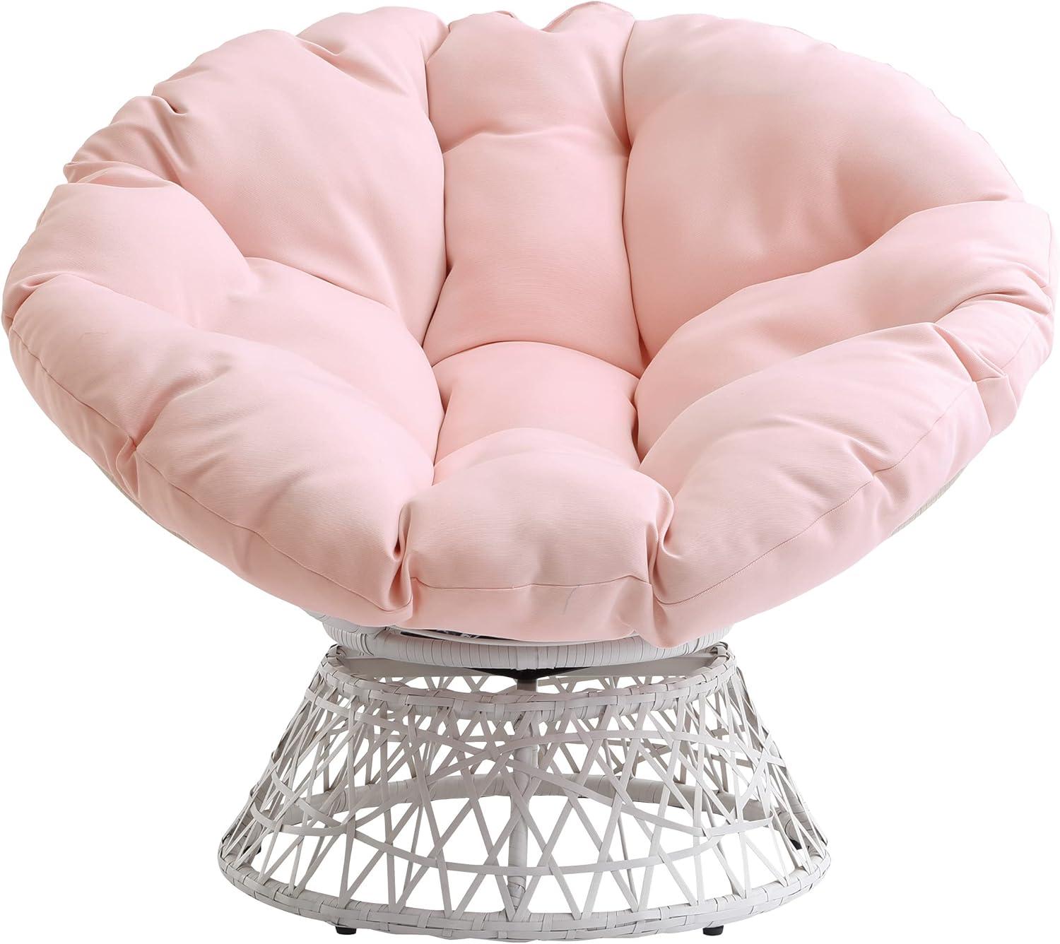 Papasan Chair with Pink Round Pillow Fabric Cushion and Cream Wicker Weave