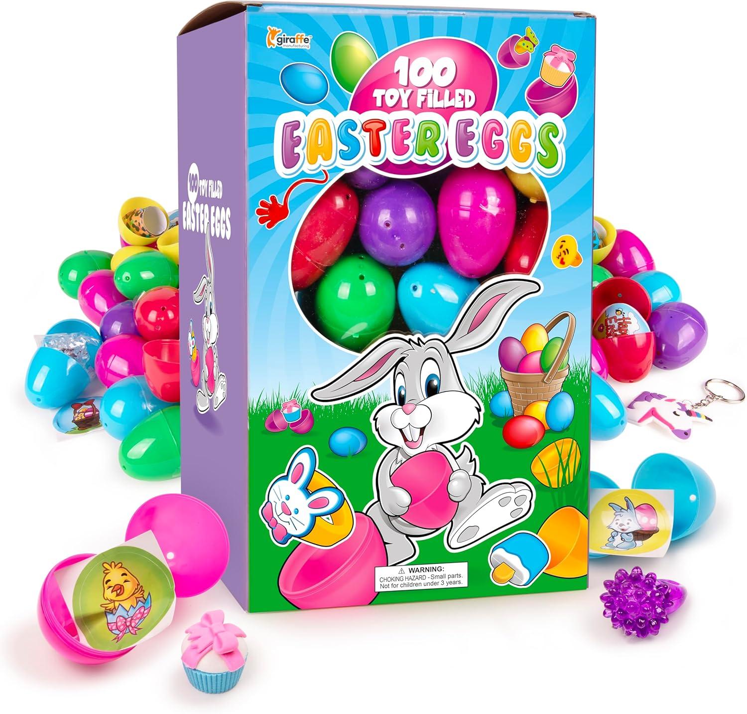 Giraffe 100 Pack Premium Prefilled Easter Eggs - Toy Filled Bulk Plastic Eggs for Kids with Slap Bracelets, Stickers, Light Up Rings - Perfect for Easter Egg Hunts - Bulk Prefilled Easter Eggs Toys!