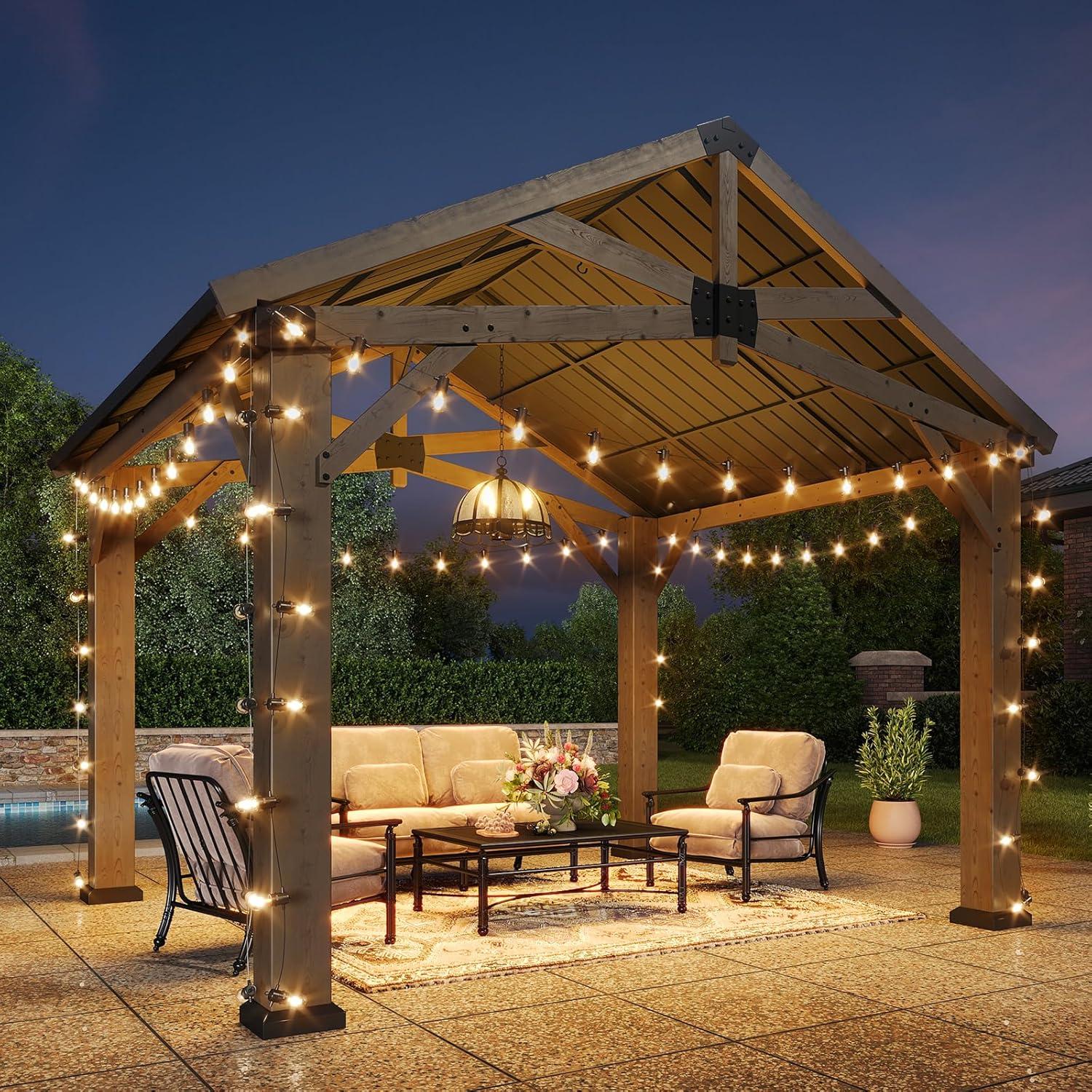 Aoxun 12' x 20' Outdoor Wood Gazebo, Hardtop Gazebo Permanent Wooden Pavilion with Galvanized Steel Gable Roof, for Patio, Garden, Deck, Cedar Wood
