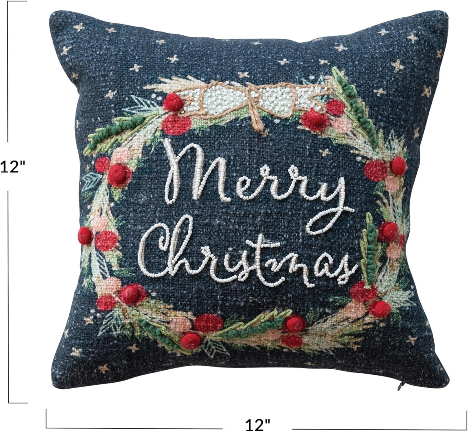 Square Cotton Printed Pillow With Wreath, Embroidery, Beads And Pom Poms "Merry Christmas"