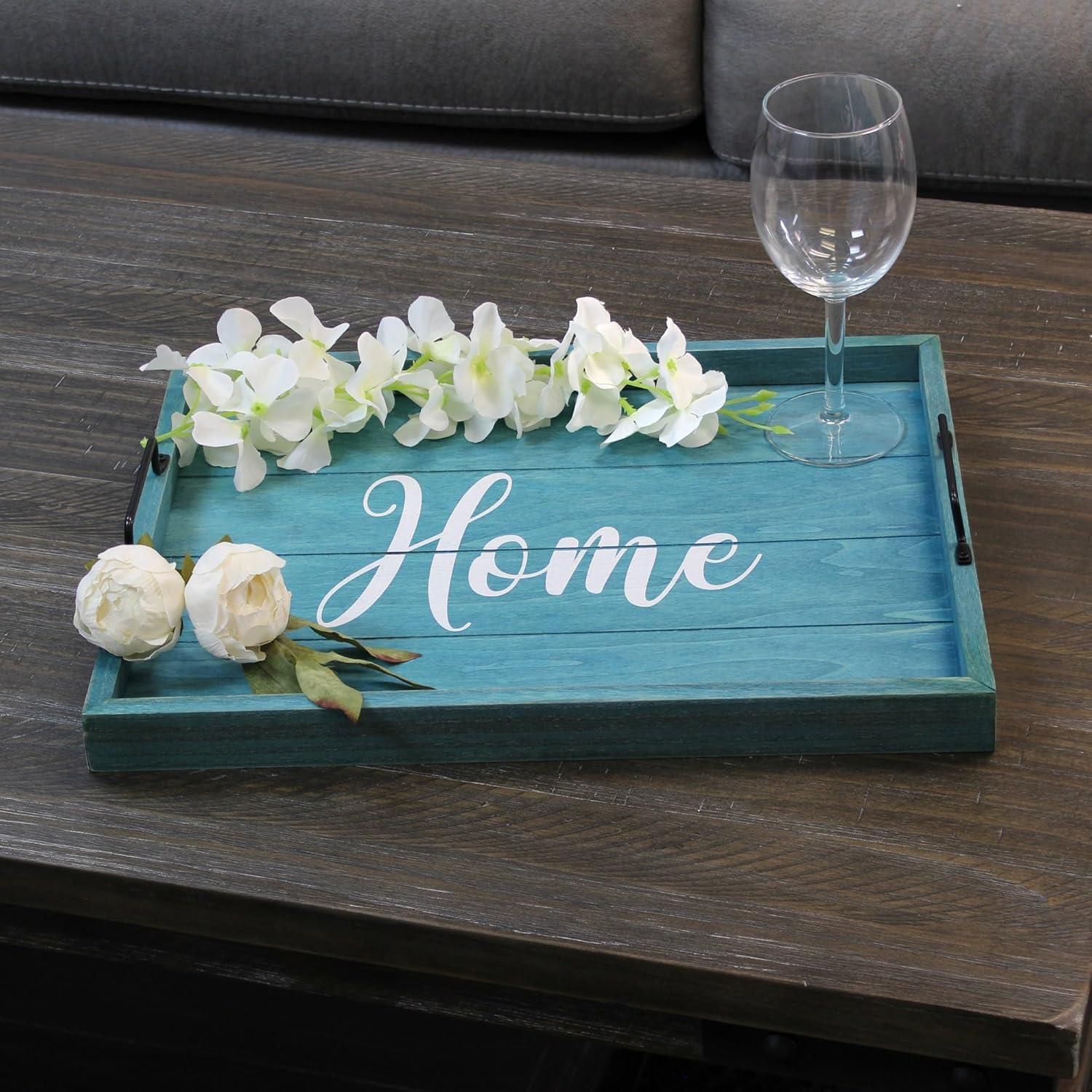 Elegant Designs 15.5" x 12" Decorative Wood Serving Tray, "Home", Blue Wash