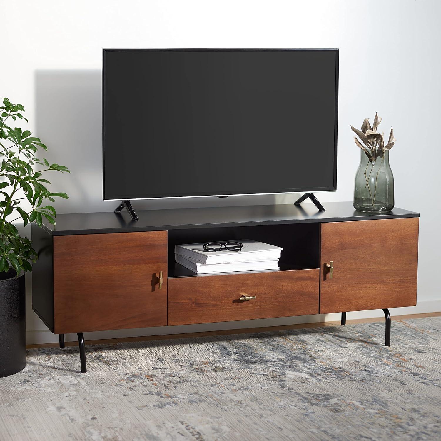 SAFAVIEH Genevieve Modern Storage Rectangle TV Stand, Black/Walnut (54 in. W x 15.7 in. D x 19.7 in. H)