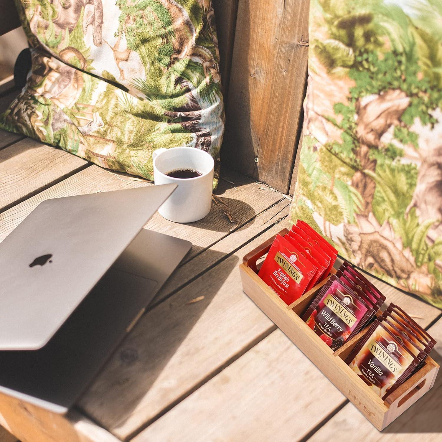 HTB Small Tea Bag Holder Pack of 2, Bamboo Tea Organizer 3 Compartments for Beverage Suppliers, Sweeteners, Individual Packets, Portable Tea Bag Organizer for Home Kitchen Counter or Office