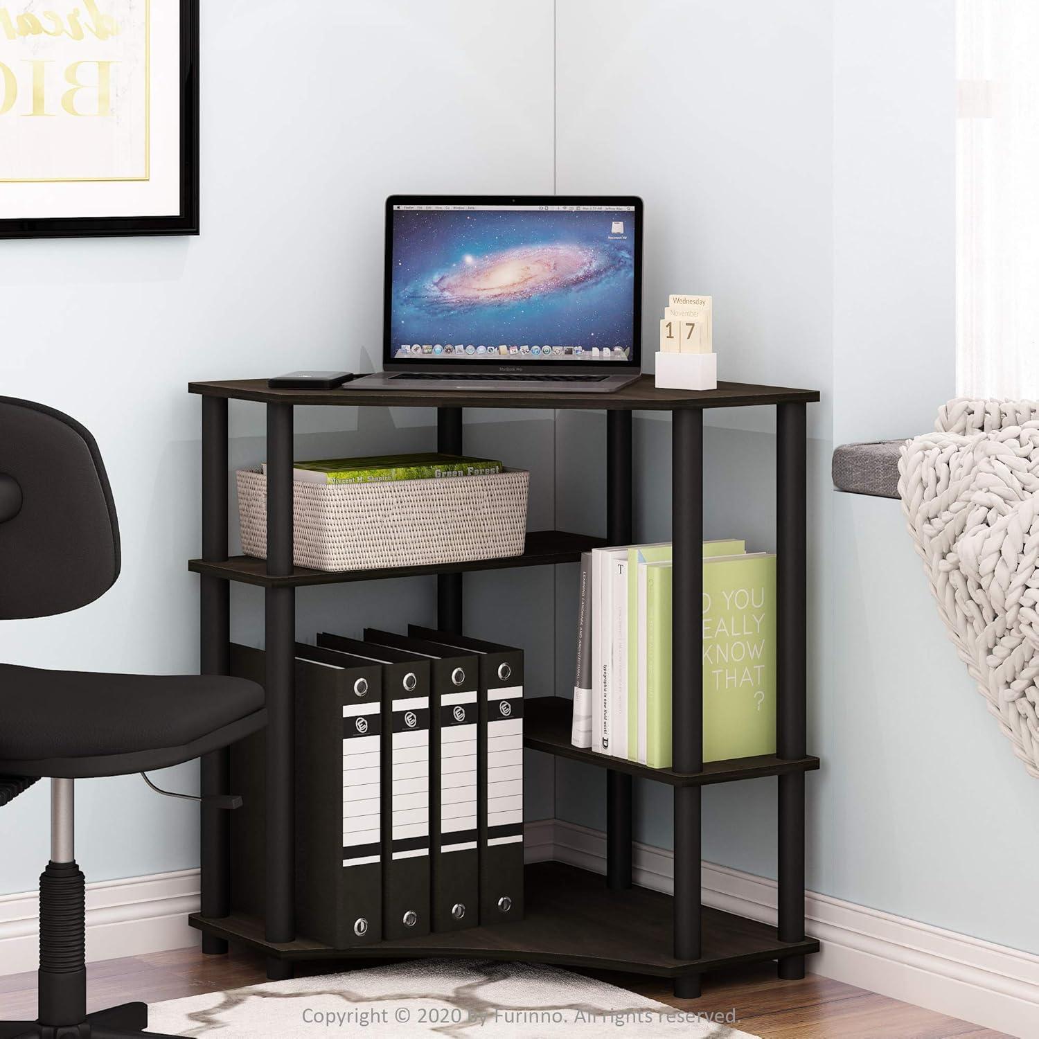 Espresso and Black Wood Corner Computer Desk with Shelves