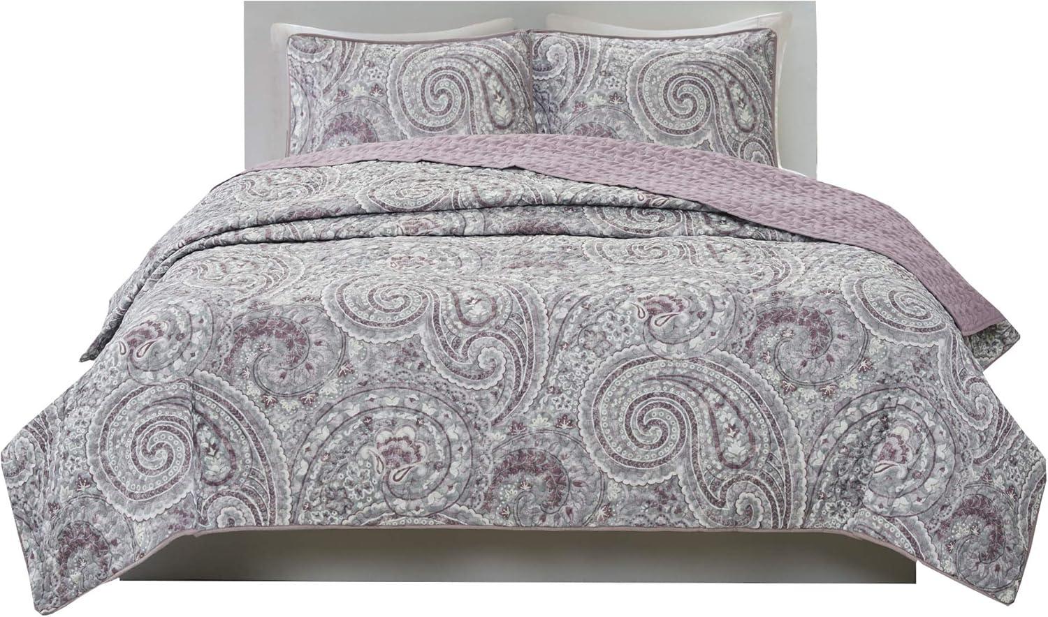 Comfort Spaces Full/Queen Size Reversible Quilt Set, 3-Piece Paisley Bedding Set for All Season, Full/Queen Lightweight Summer Comforter Set, Purple