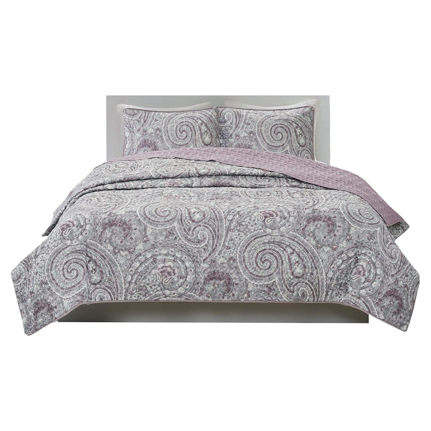 Comfort Spaces Queen Quilt Set, Reversible 3-Piece Quilt Set Set for All Season, Lightweight, Purple, Full/Queen