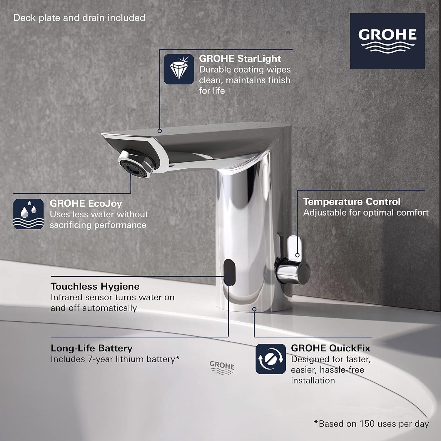 Grohe 36466000 Baucosmopolitan E Touchless Electronic Faucet with Temperature Control Lever, Battery-Powered