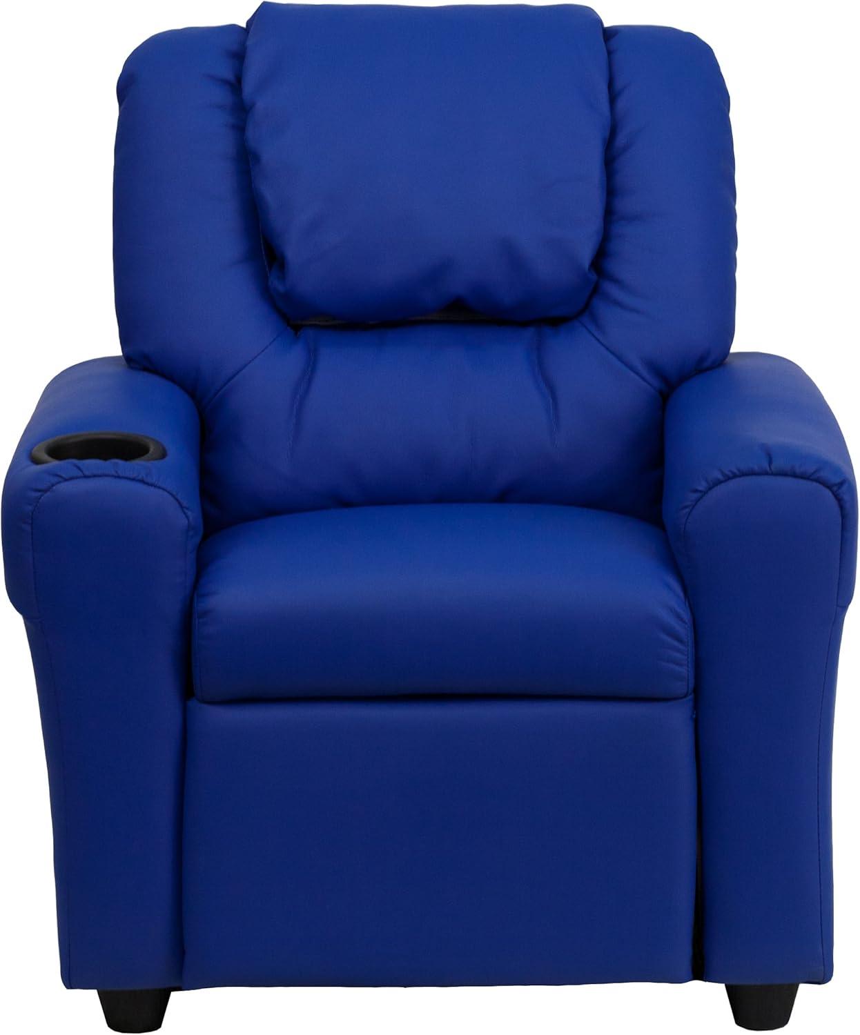 Emma and Oliver Blue Vinyl Kids Recliner with Cup Holder and Headrest