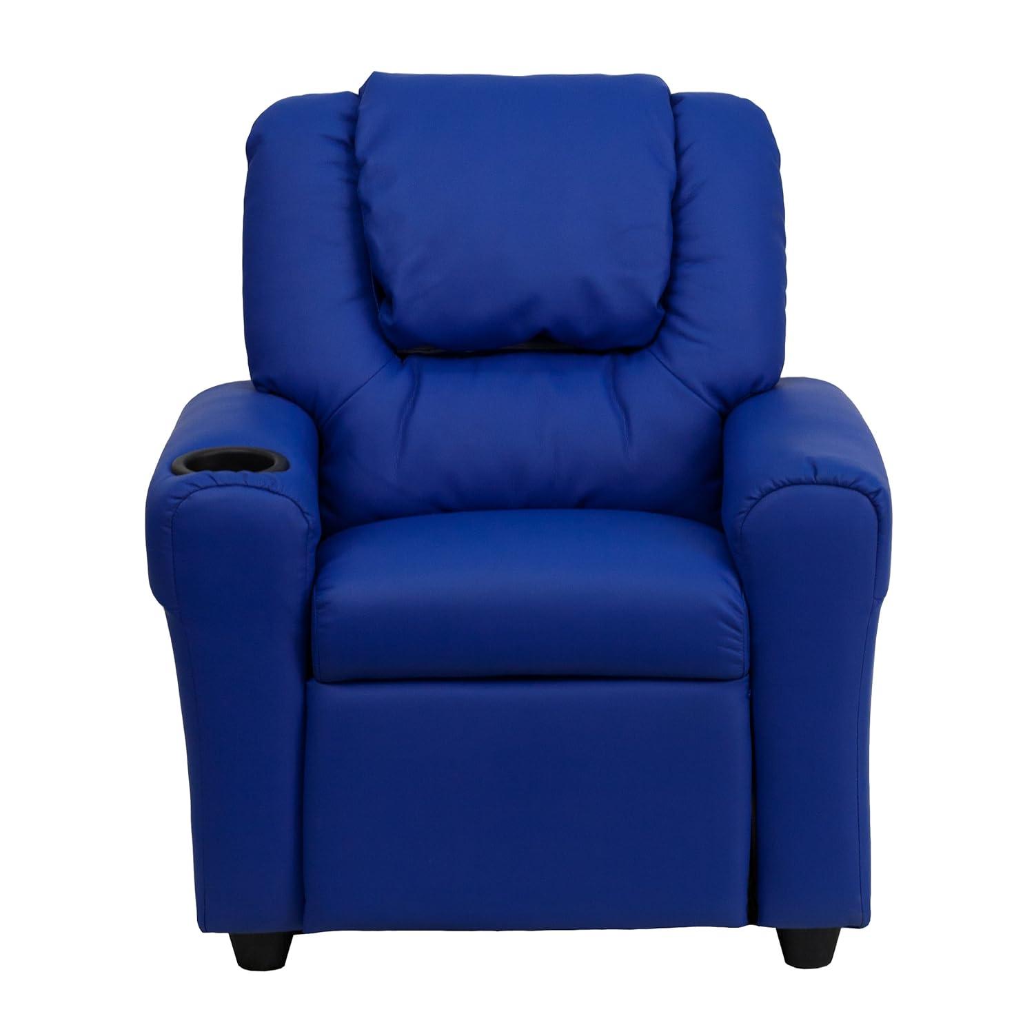 Emma and Oliver Blue Vinyl Kids Recliner with Cup Holder and Headrest