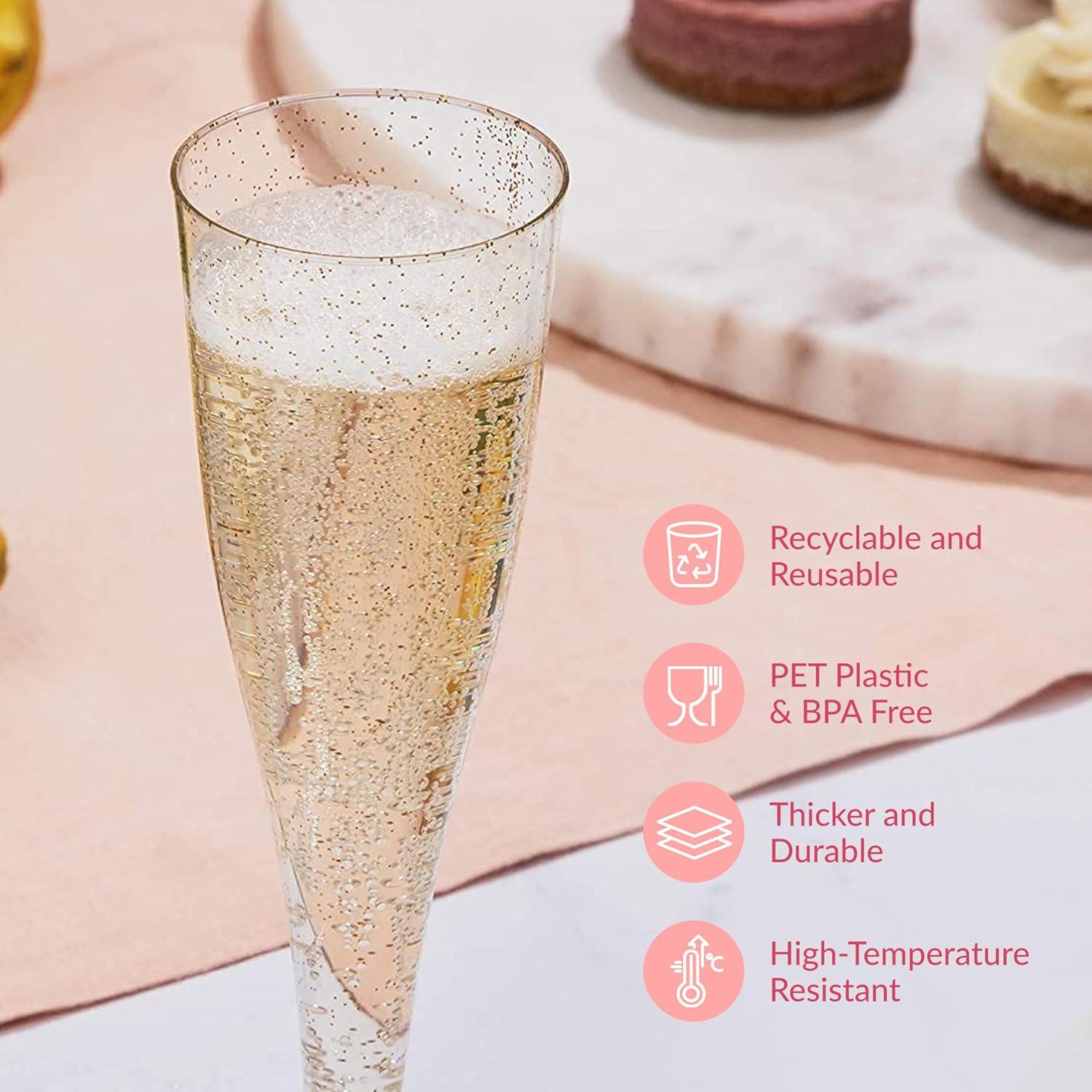 Prestee 24 Champagne Flutes Disposable, Gold Rim Glitter Plastic Cups