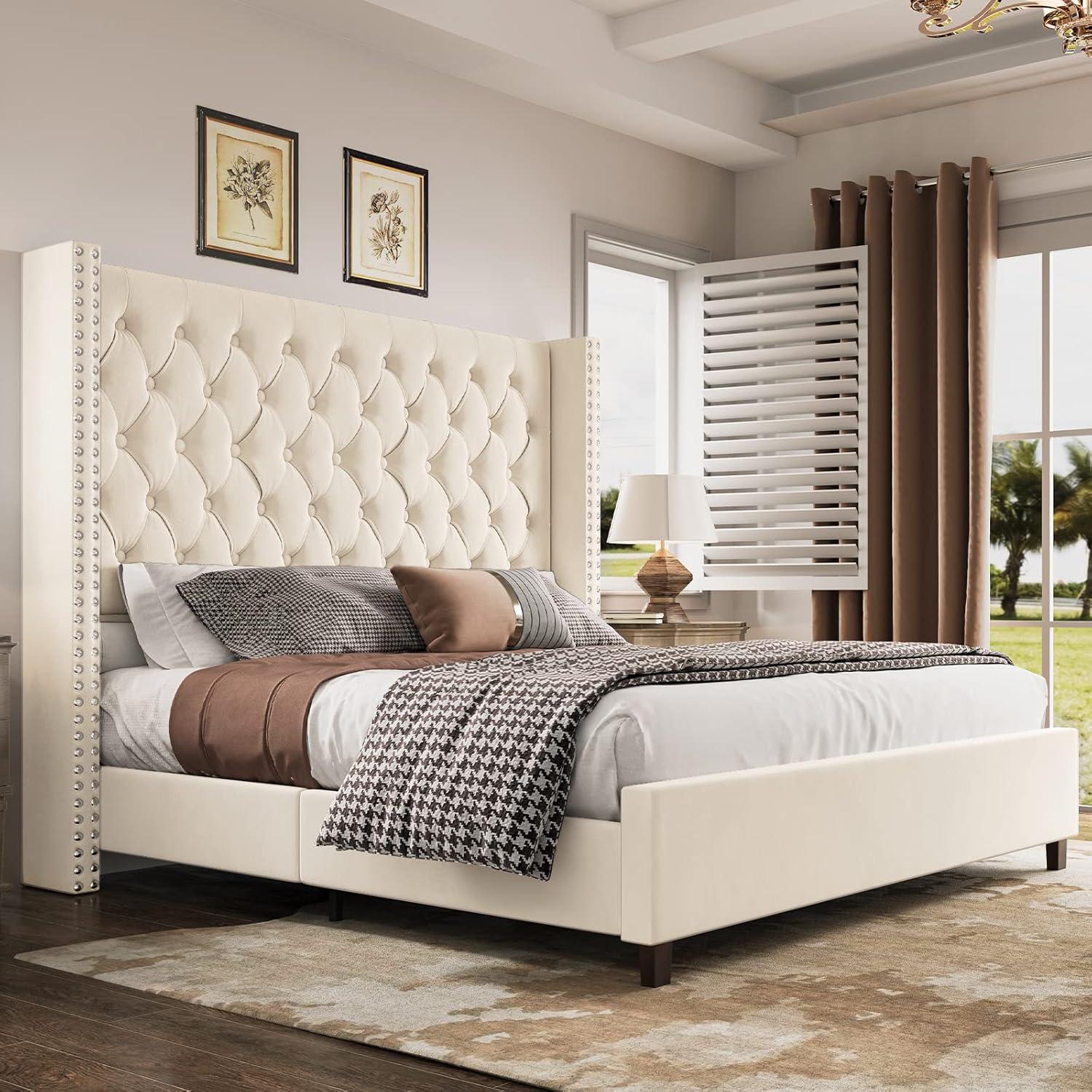 Merluxy Queen Bed Frame with 61.4" Handmade Deep Button Tufted Headboard/Cream