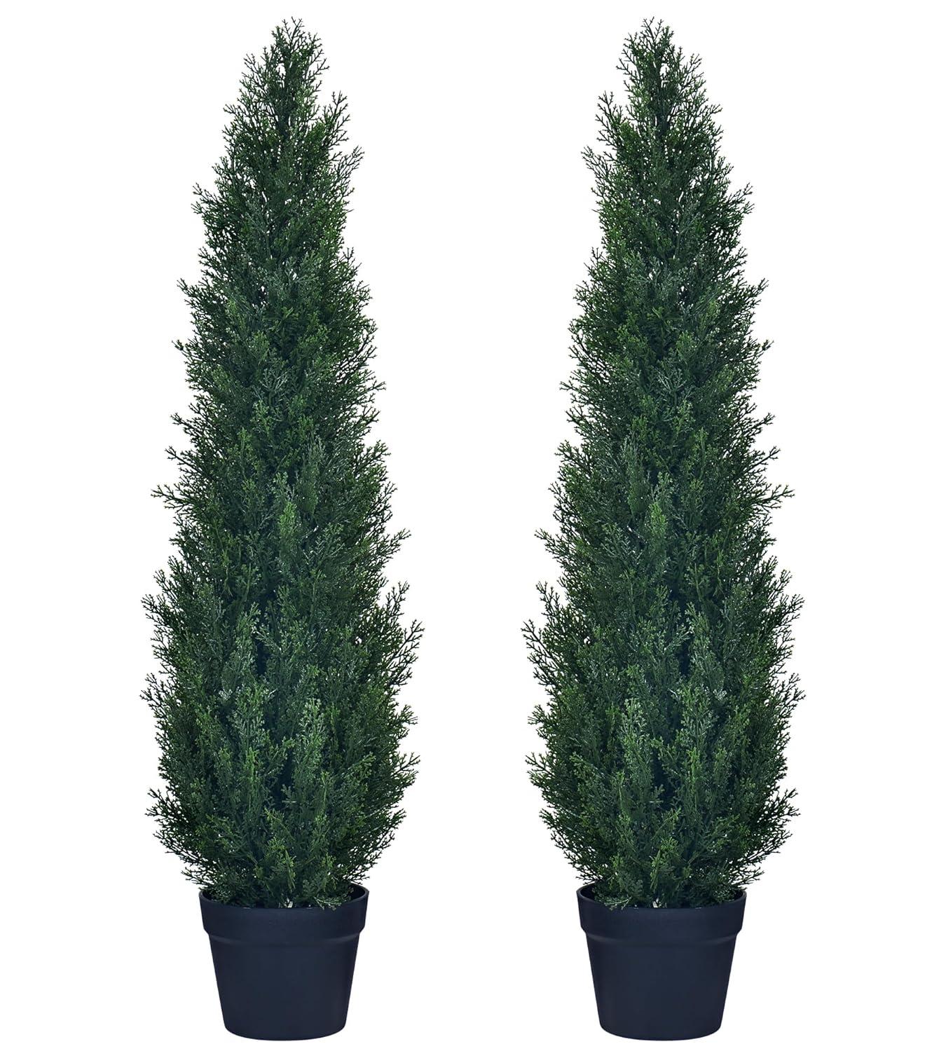 2 Pack 3ft Artificial Cedar Topiary Trees for Outdoors, Fake Cypress Plants with Solar Light String, Faux uv resistant Plants for Home Front Porch Decor, Housewarming Gift