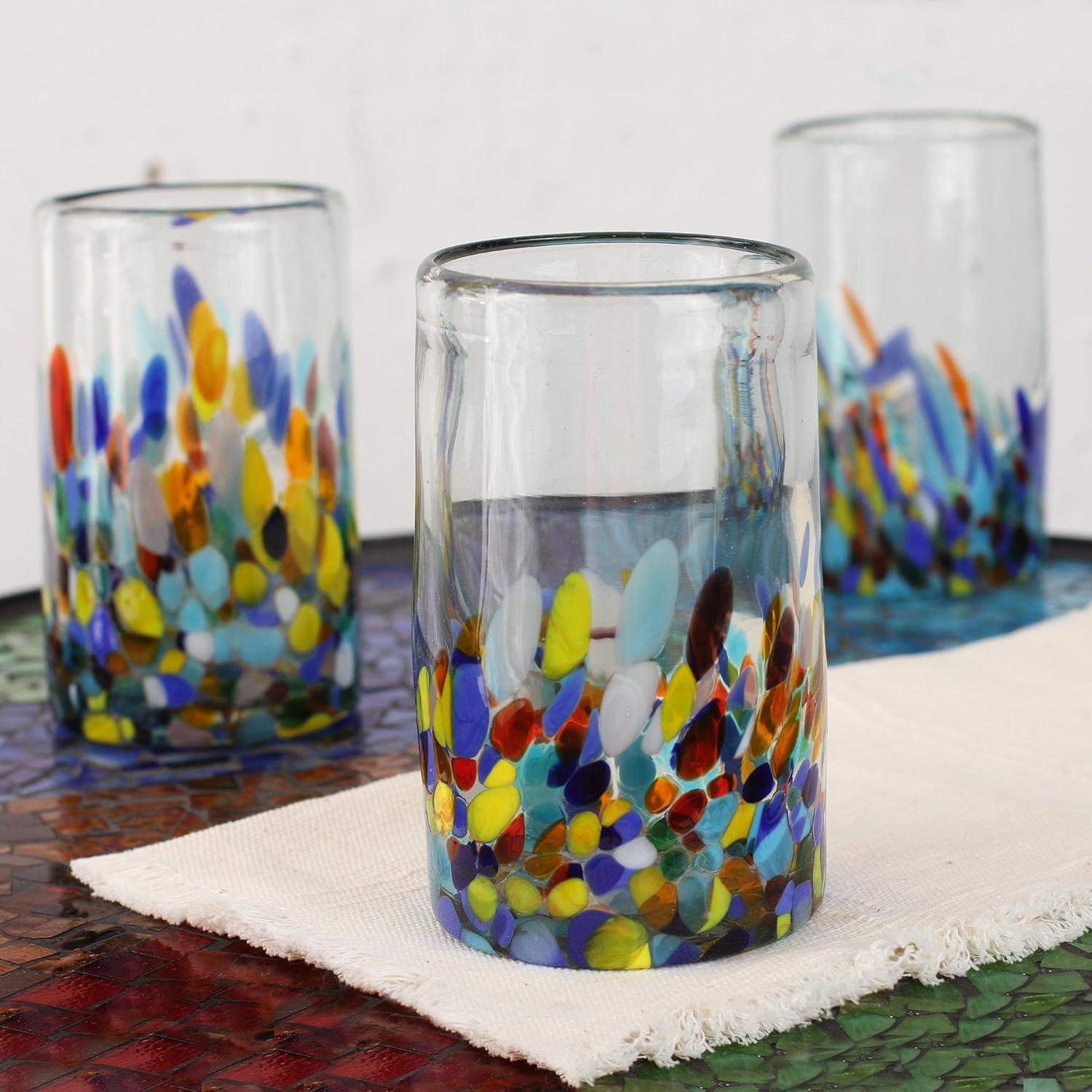 NOVICA Artisan Crafted Recycled Hand Blown Glass Water Glasses, Multicolor, 14 Oz, 'Confetti' (Set Of 6)