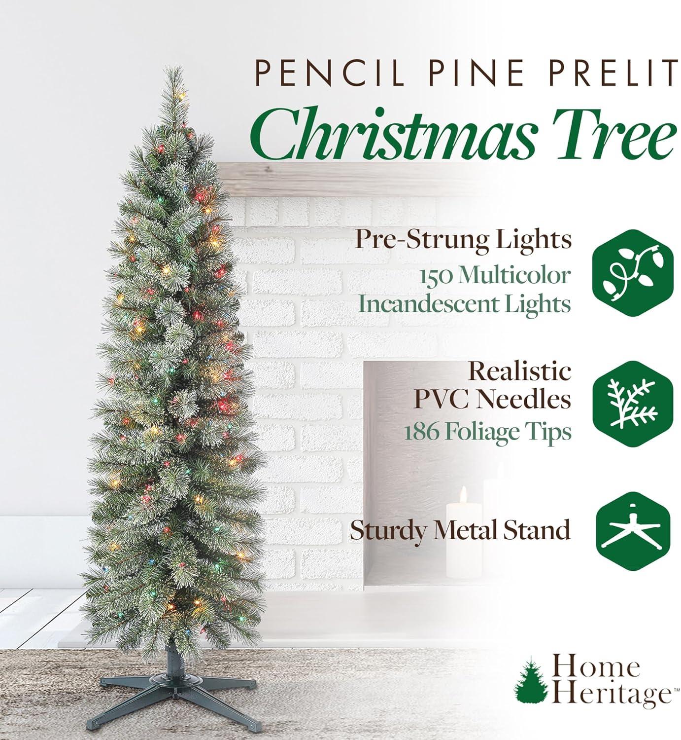 Home Heritage 5' Pencil Pine Prelit Artificial Christmas Tree 150 Color Lights