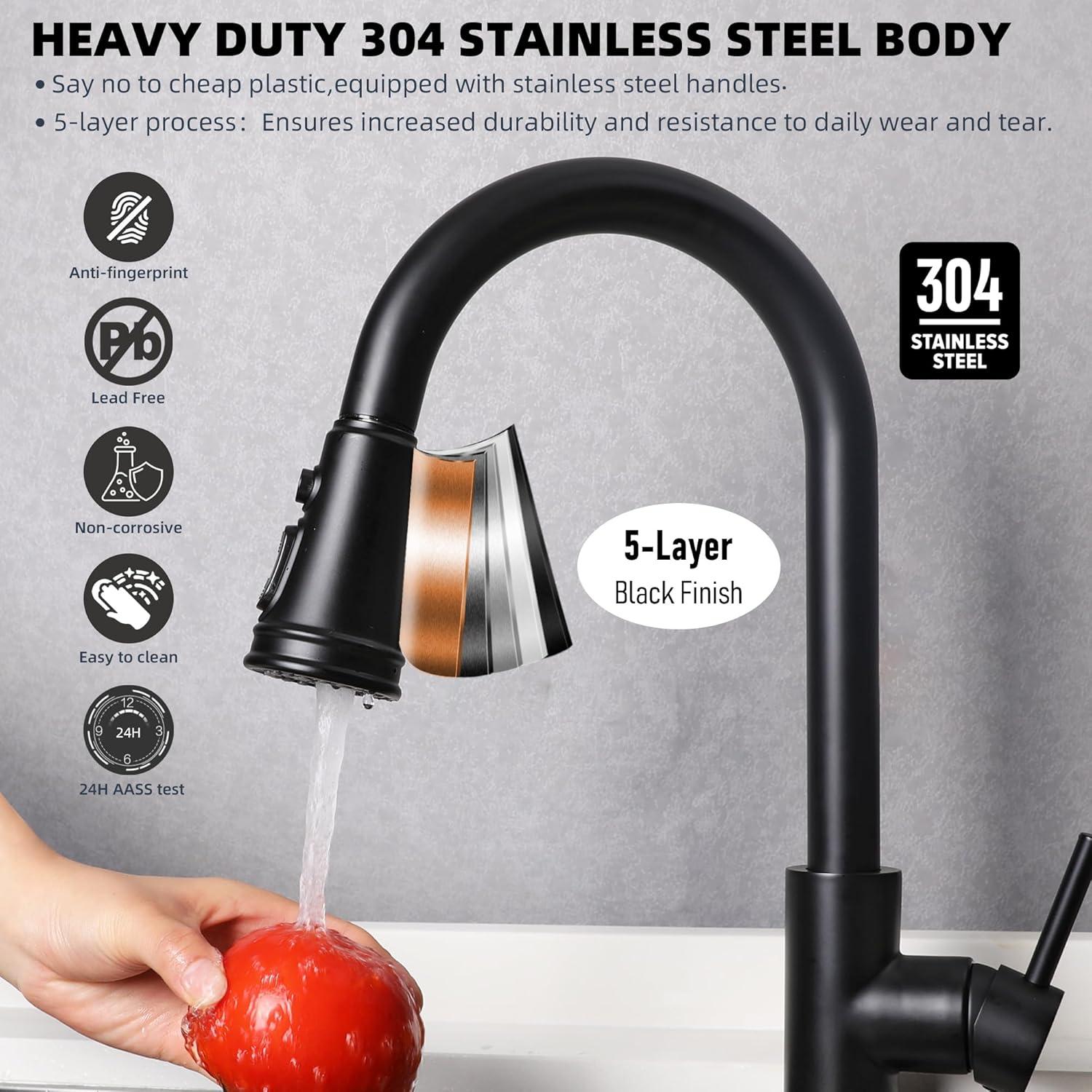 MAICOSY Single Level Stainless Steel Kitchen Sink Faucets with Pull Down Sprayer - Matt Black