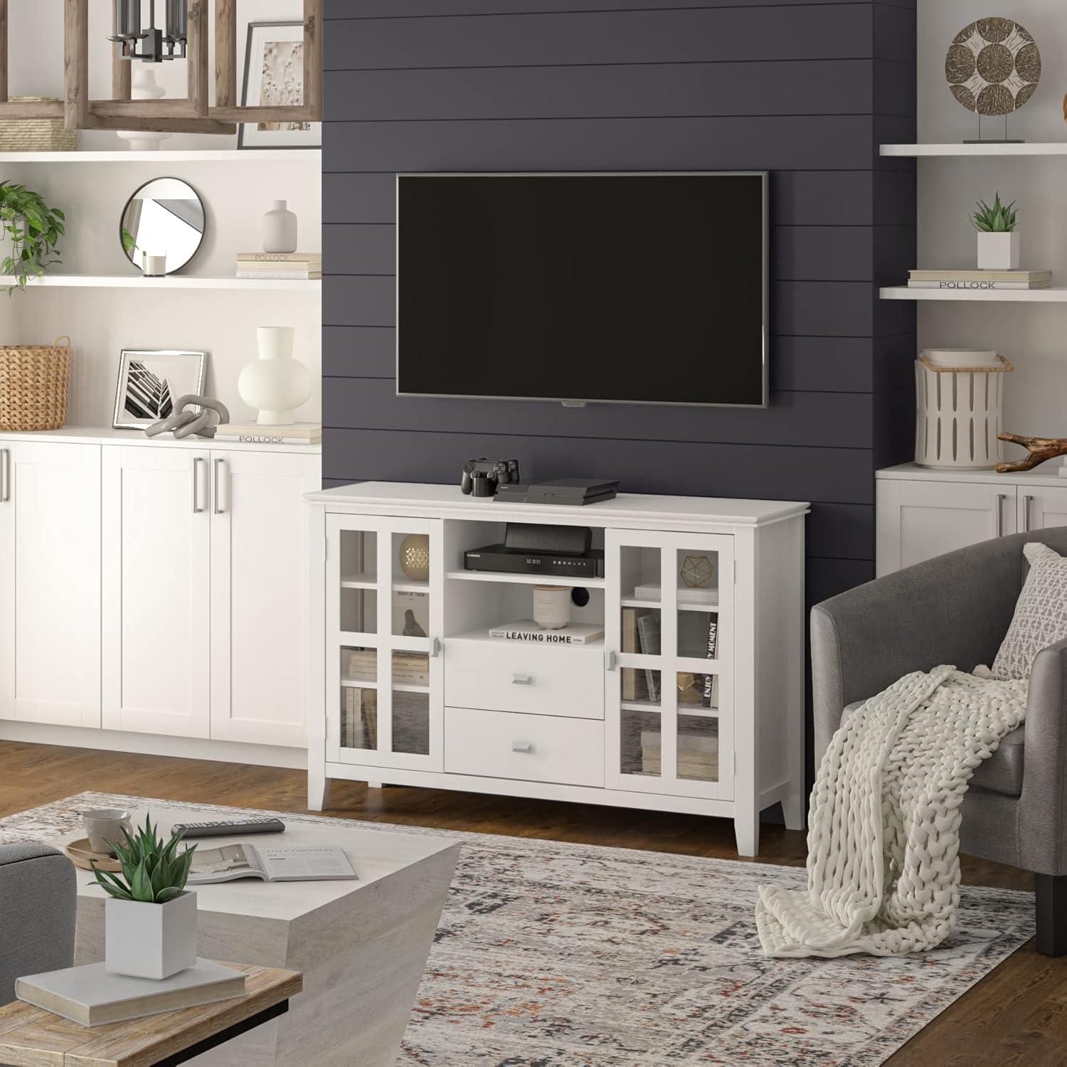 White Solid Wood 53" Traditional TV Media Stand with Cabinets