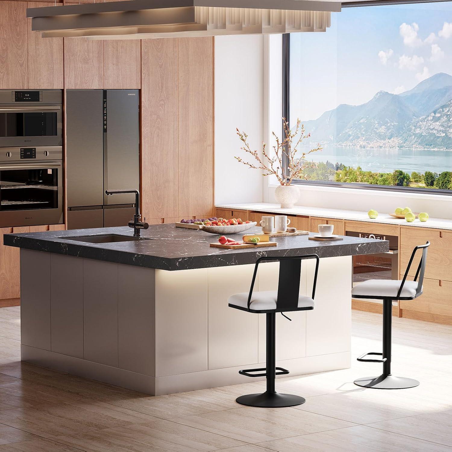 Metal Swivel Barstools Set of 2, Enlarged PU Leather Seat with Metal Back, Adjustable from 24" to 33" for Counter Height & Bar Height, Modern Design for Kitchen and Restaurant,MatteBlack