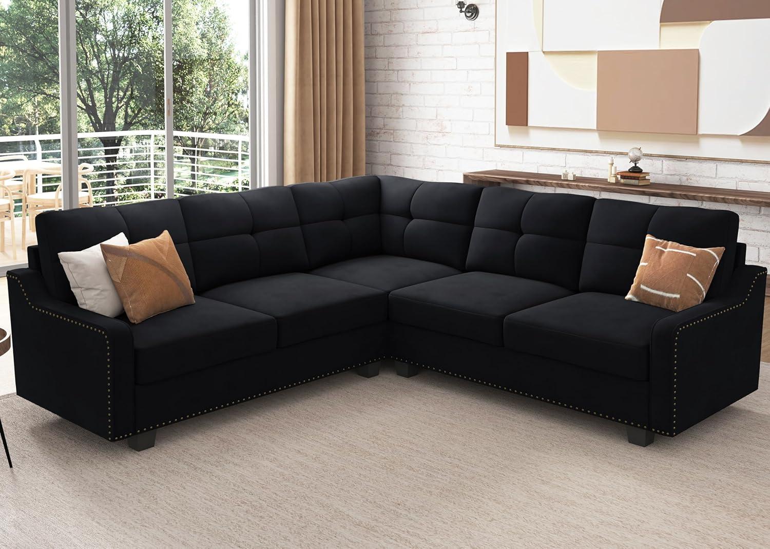 HONBAY Velvet L Shaped Couch Corner Sofa for Living Room Furniture Sets in Green