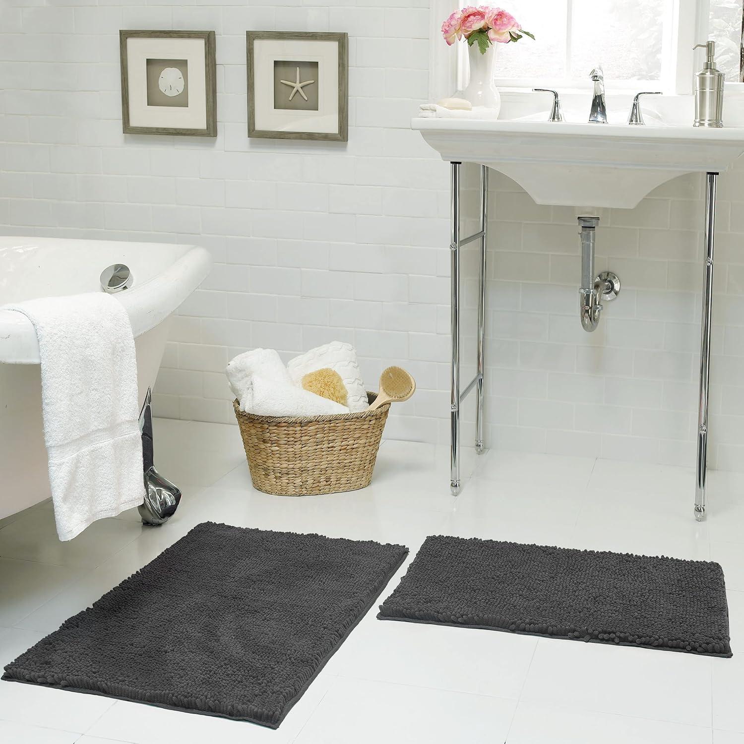 Dark Gray Plush Shag Chenille 2-Piece Bath Mat Set