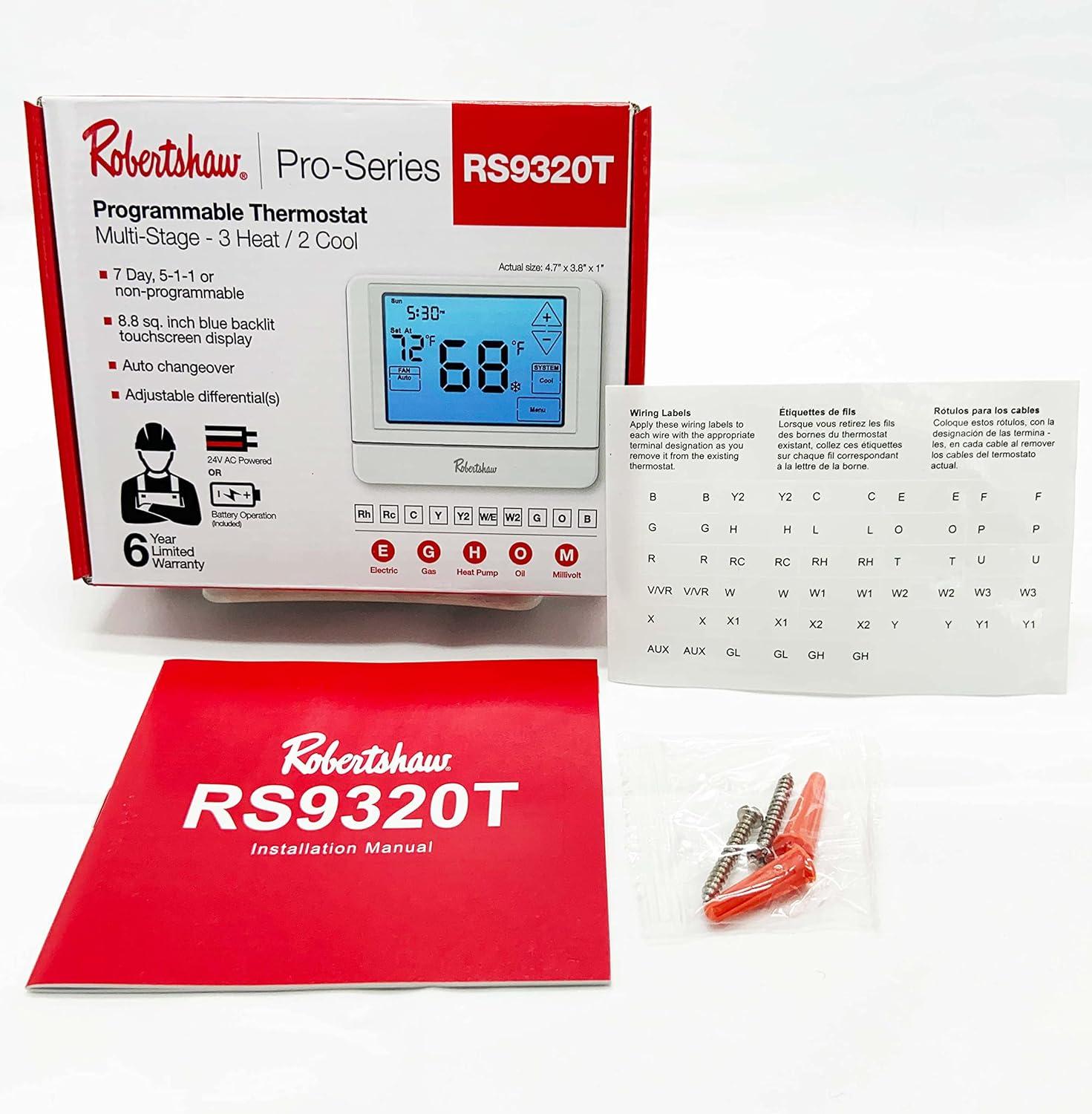 RS9320T Pro Series 7-Day Programmable Touchscreen Thermostat, Multi-Stage, 3 Heat, 2 Cool White