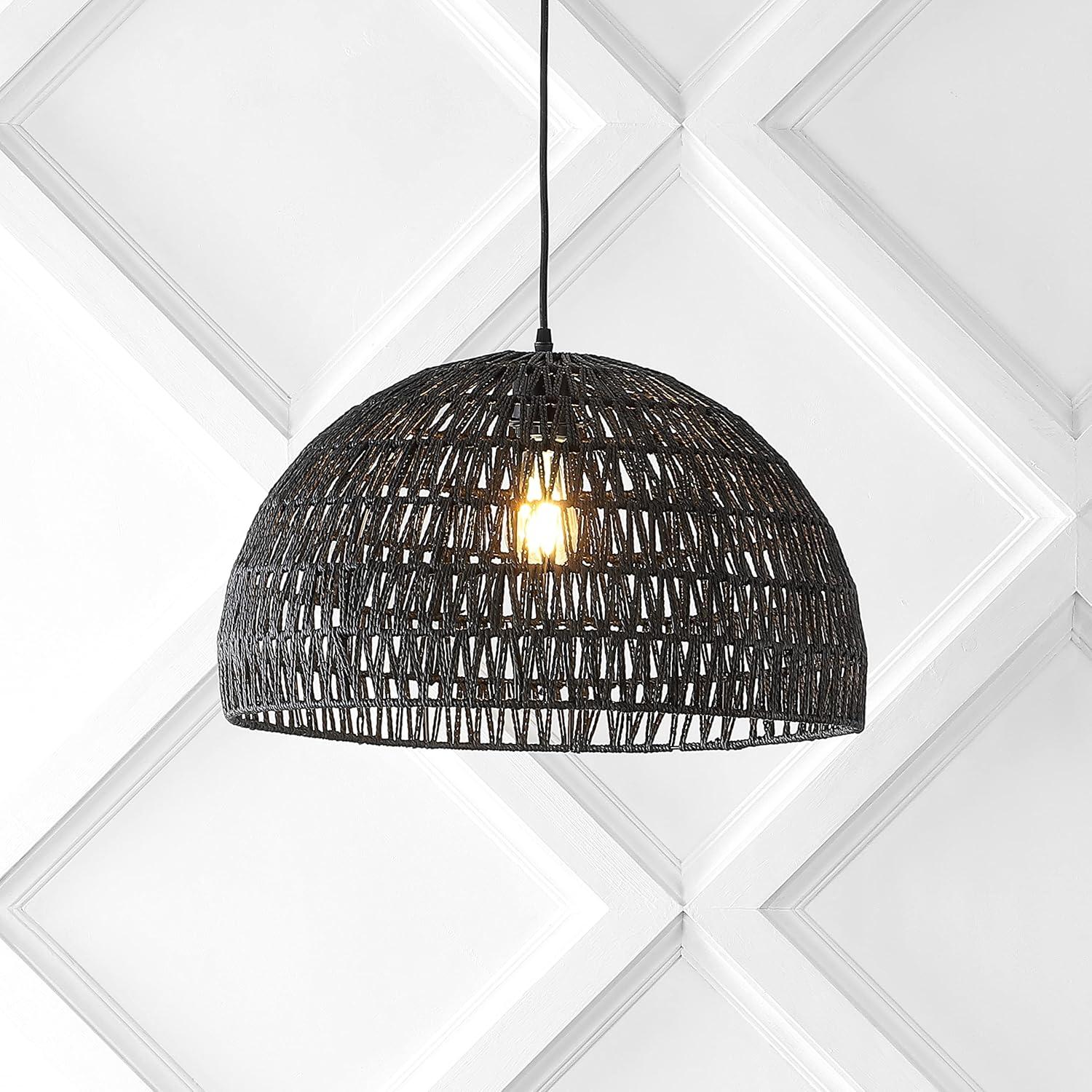 Bohemian Black Woven Rattan & Iron LED Dome Pendant 20"