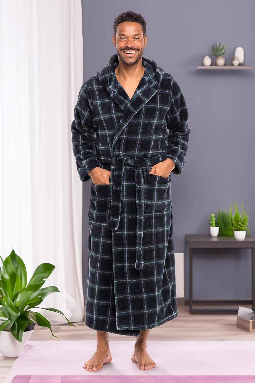 ADR Mens Robe, Plush Fleece Hooded Bathrobe Men, Men's Bathrobes, Big and Tall Bath Robe for Men Blue and Green Tartan Plaid 2XL