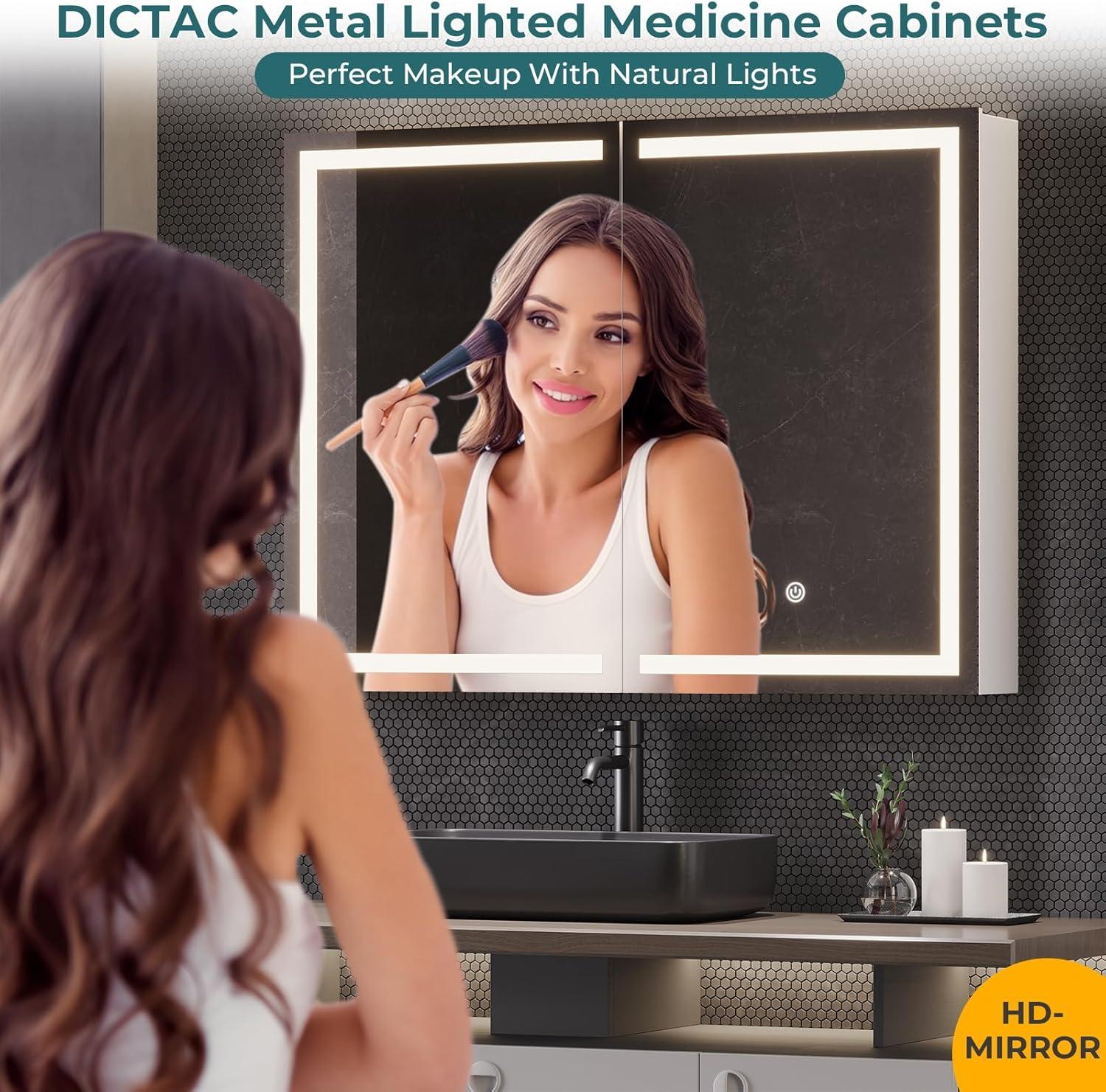 DICTAC Bathroom Medicine Cabinet with Mirror and LED Light, Wall Mounted Bathroom Mirror with Storage, 2 Doors Bathroom Wall Cabinet, Memory Dimmable 3 Color Temp, Adjustable Shelves, 31.5''x23.6''