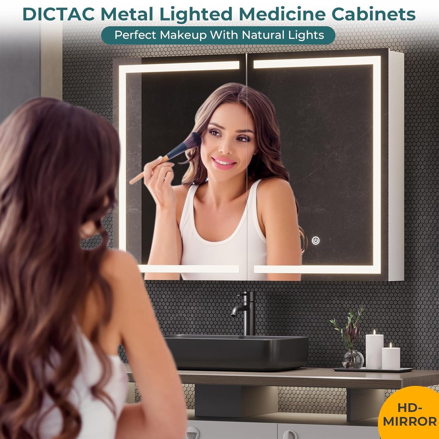 DICTAC Bathroom Medicine Cabinet with Mirror and LED Light, Wall Mounted Bathroom Mirror with Storage, 2 Doors Bathroom Wall Cabinet, Memory Dimmable 3 Color Temp, Adjustable Shelves, 31.5''x23.6''