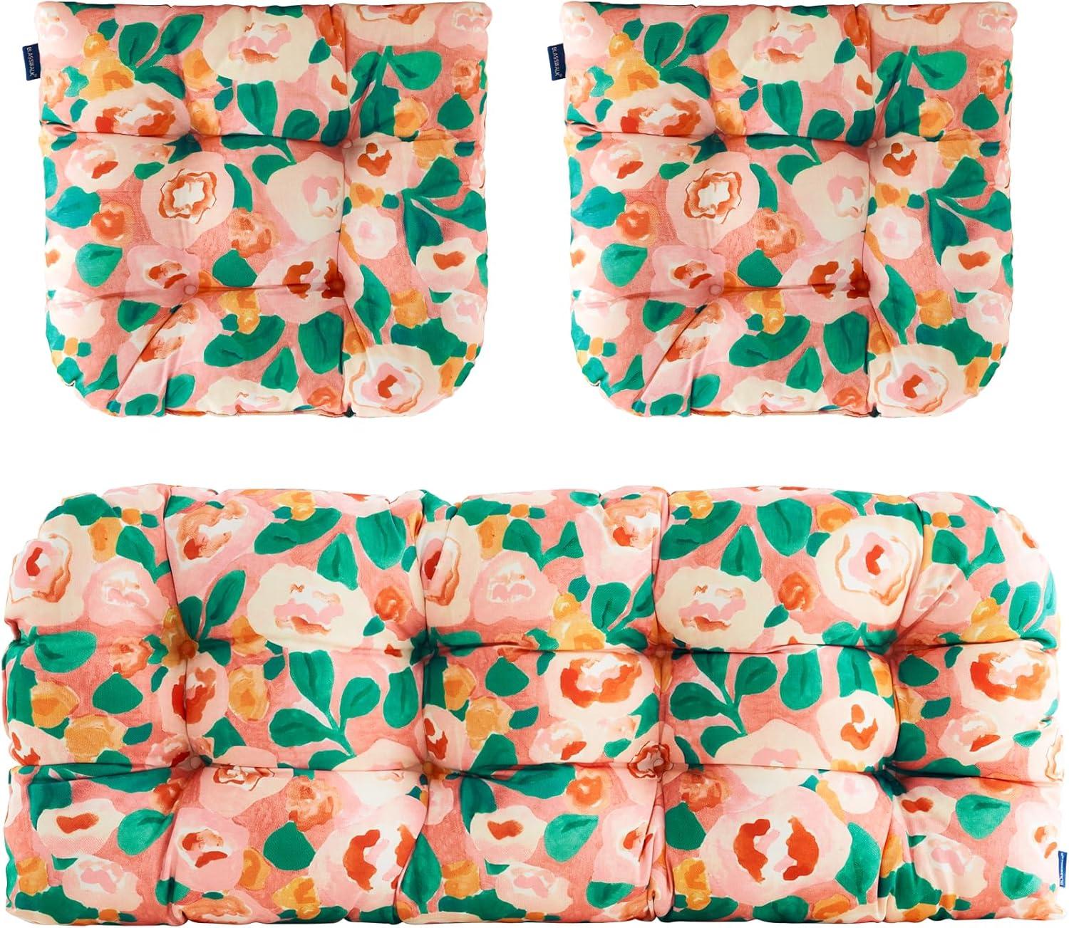 BLISSWALK Outdoor Chair Cushions,3 Piece Loveseat Outdoor Cushions Set,Tufted/Wicker Patio Cushion for Patio Furniture All Weather,44“x19 x5,Floral