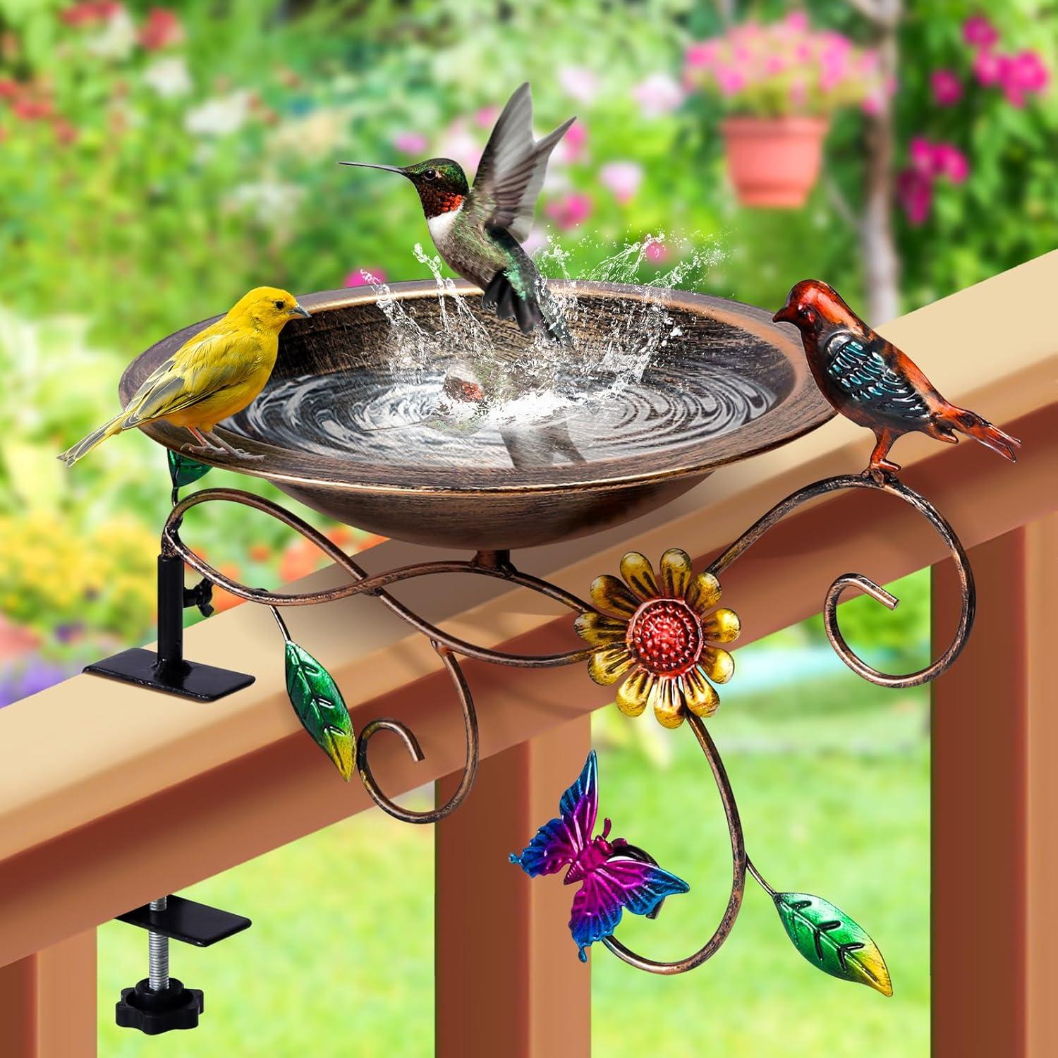August Grove® Deck Mounted Bird Bath Detachable Metal Birdbath Bowl With Adjustable Clamp