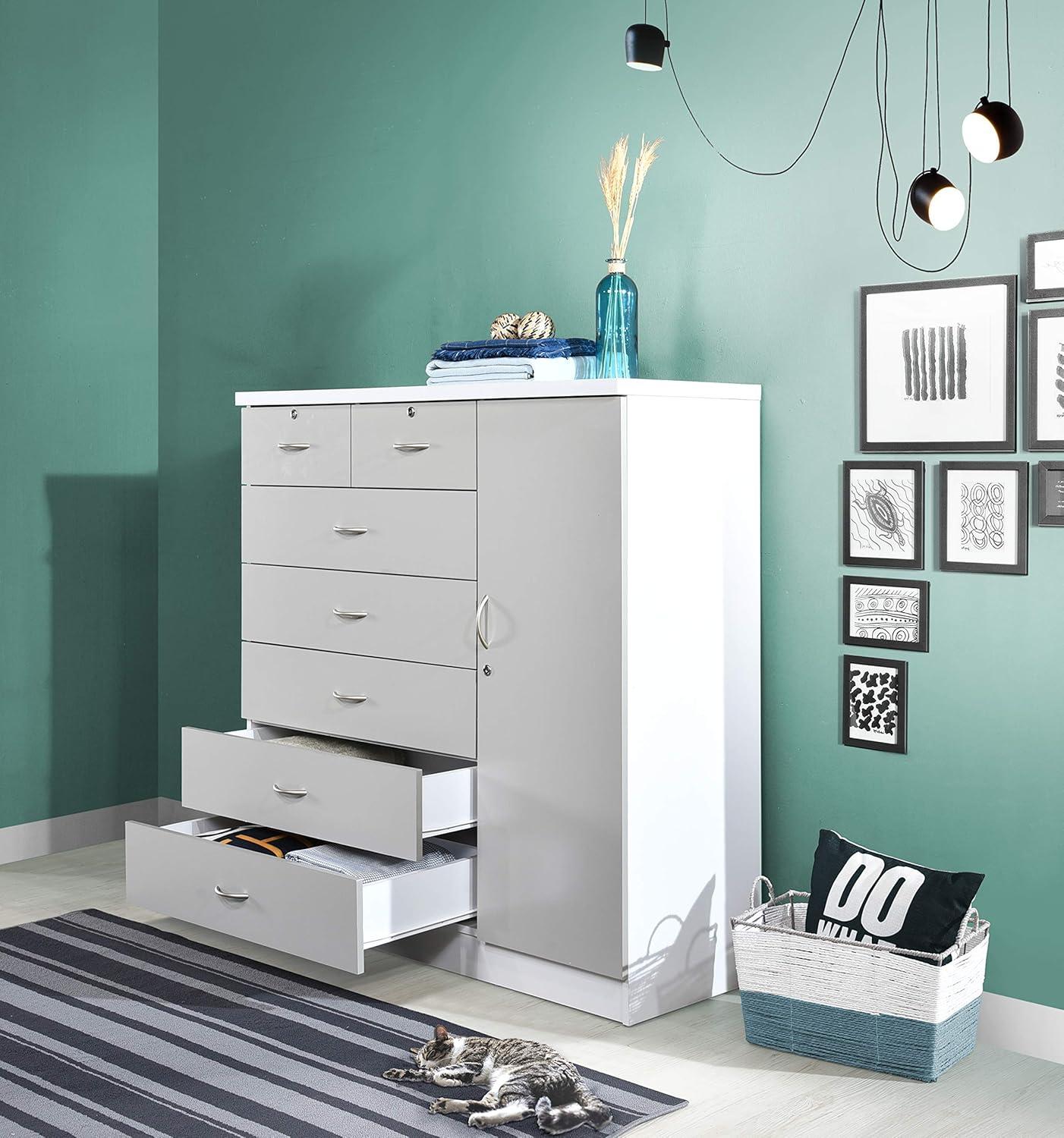 Hodedah 7-Drawer Chest with Locks on 2-Top Drawers plus 1-Door with 3-Shelves, Grey