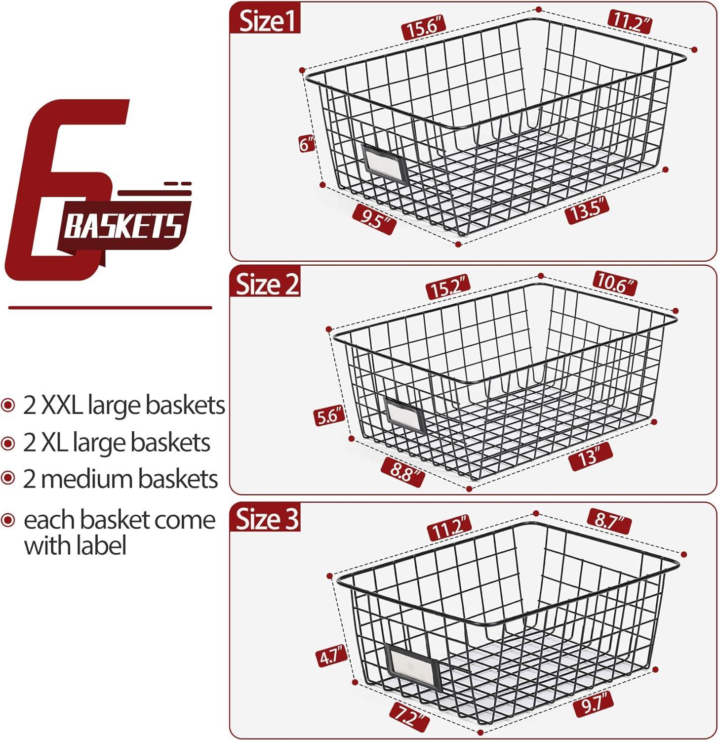 6 Pack [ Extra Large ] Wire Storage Baskets For Organizing With Lables, Pantry Organization Bins Cabinets - Metal Basket Kitchen, Laundry, Garage, Fridge, Bathroom Countertop Organizer