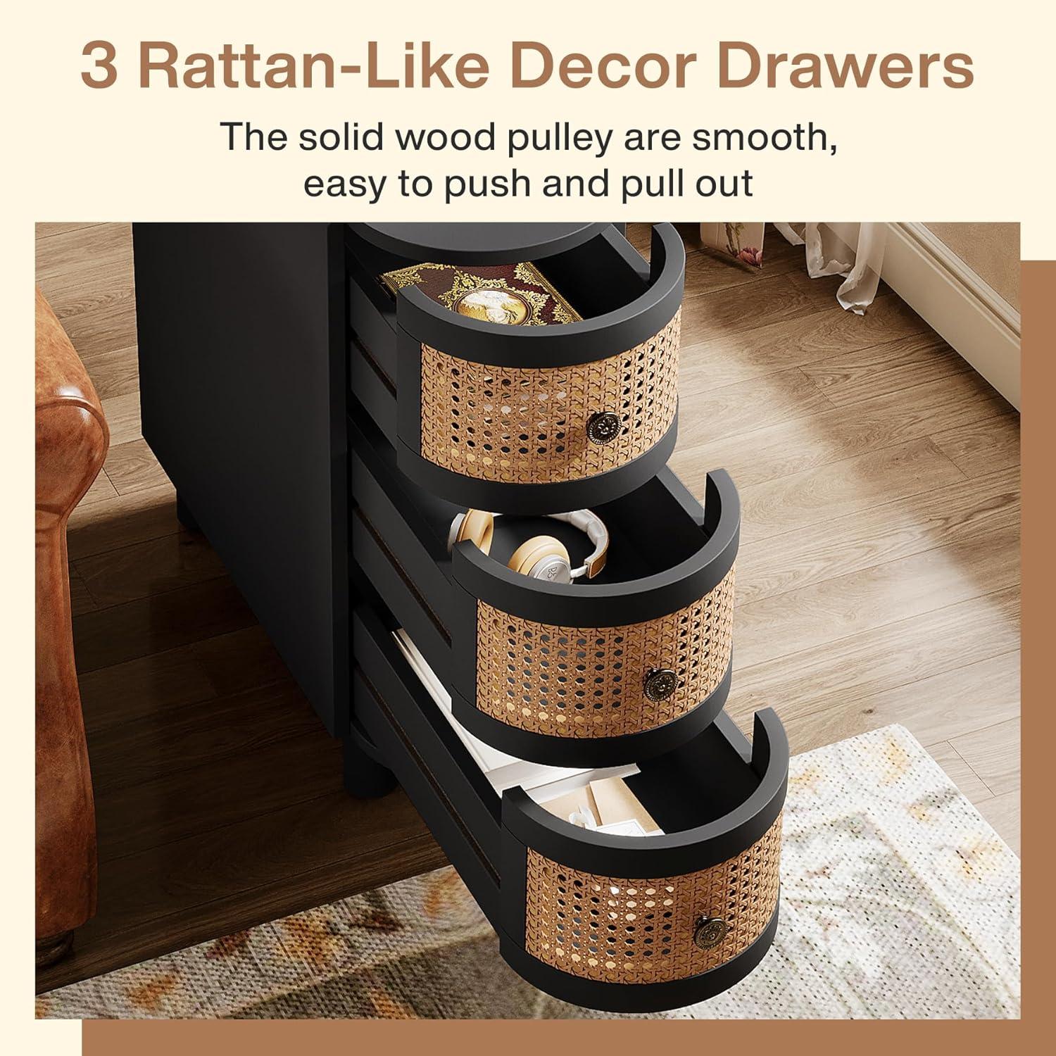 Canddidliike Wood End Table, 3-Drawer Side Table NightStand with 3 Rattan Drawers, End Table for Bedroom, Black