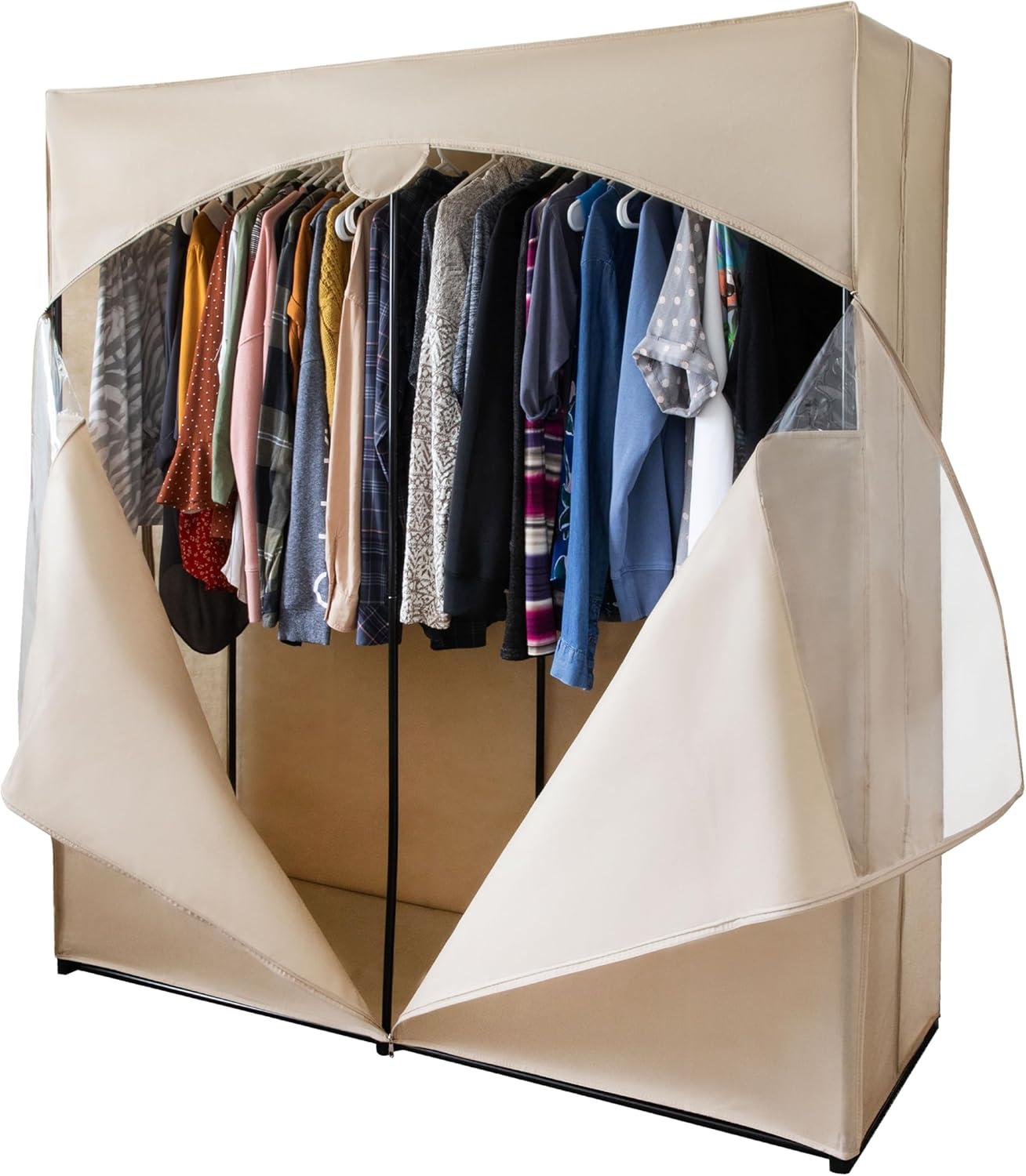 HOLDN’ STORAGE Portable Wardrobe Closet, Large - Premium Heavy Duty Metal Hanging Rod with Black Cover- 50 Lb. Weight Capacity- Super Easy Assembly, No Tools Required
