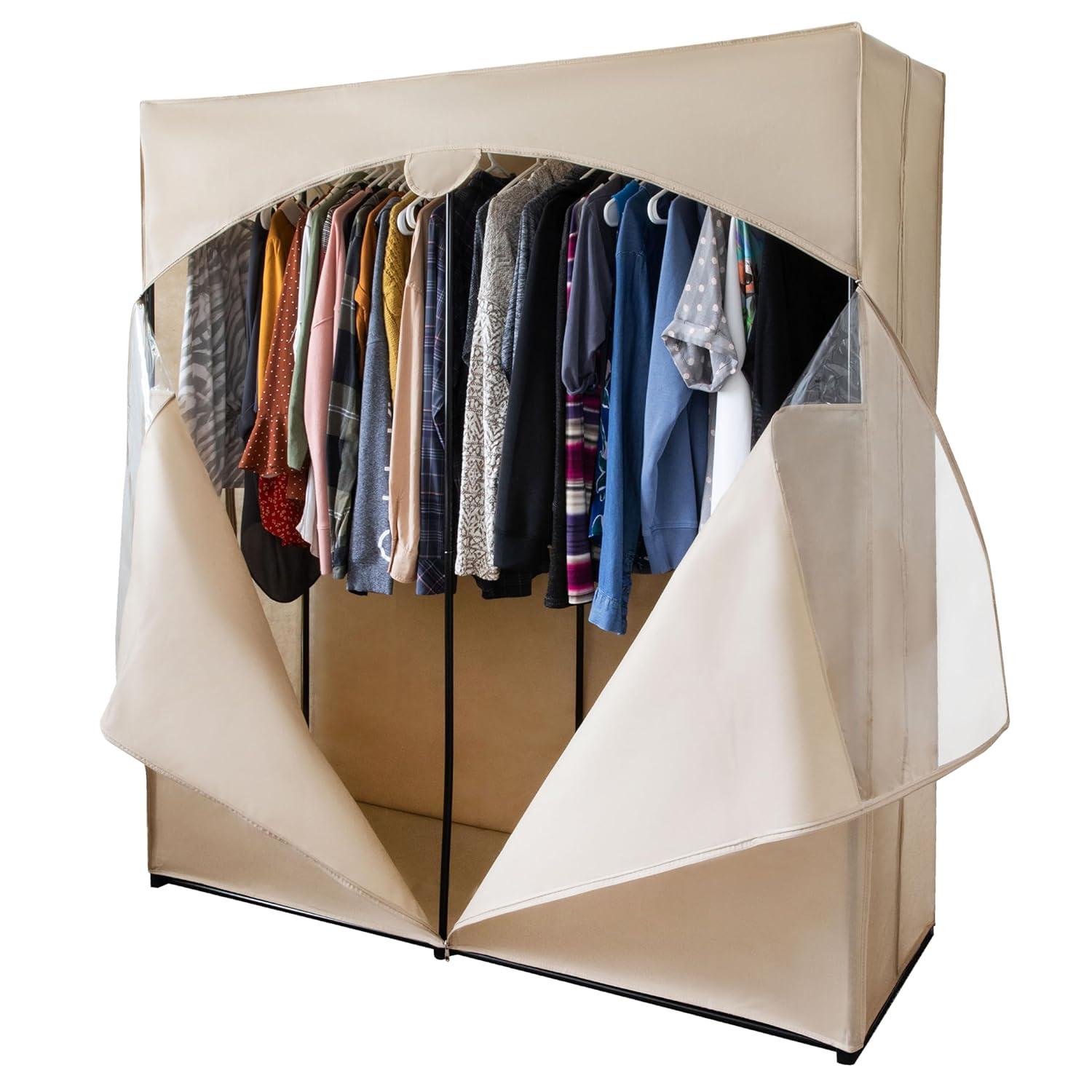 HOLDN’ STORAGE Portable Wardrobe Closet - 65 lb Large Capacity, Internal Heavy Duty Metal Rod, Zipper & Clear Window, Durable Clothes Organizer, Tool-Free Easy Assembly, Black Canvas Cover