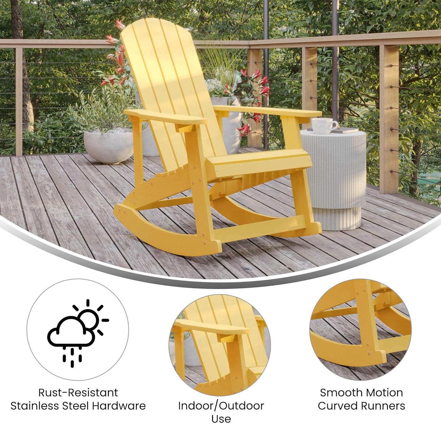 Flash Furniture Savannah Poly Resin Wood Adirondack Rocking Chair - All Weather Yellow Polystyrene - Stainless Steel Hardware