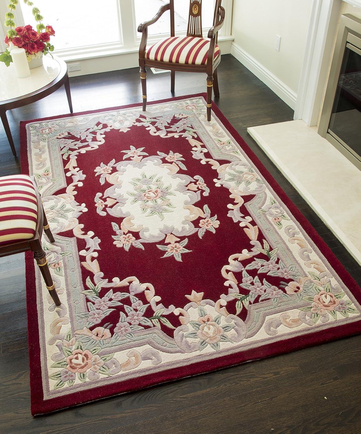 Burgundy and Cream Hand-Tufted Wool Floral Area Rug