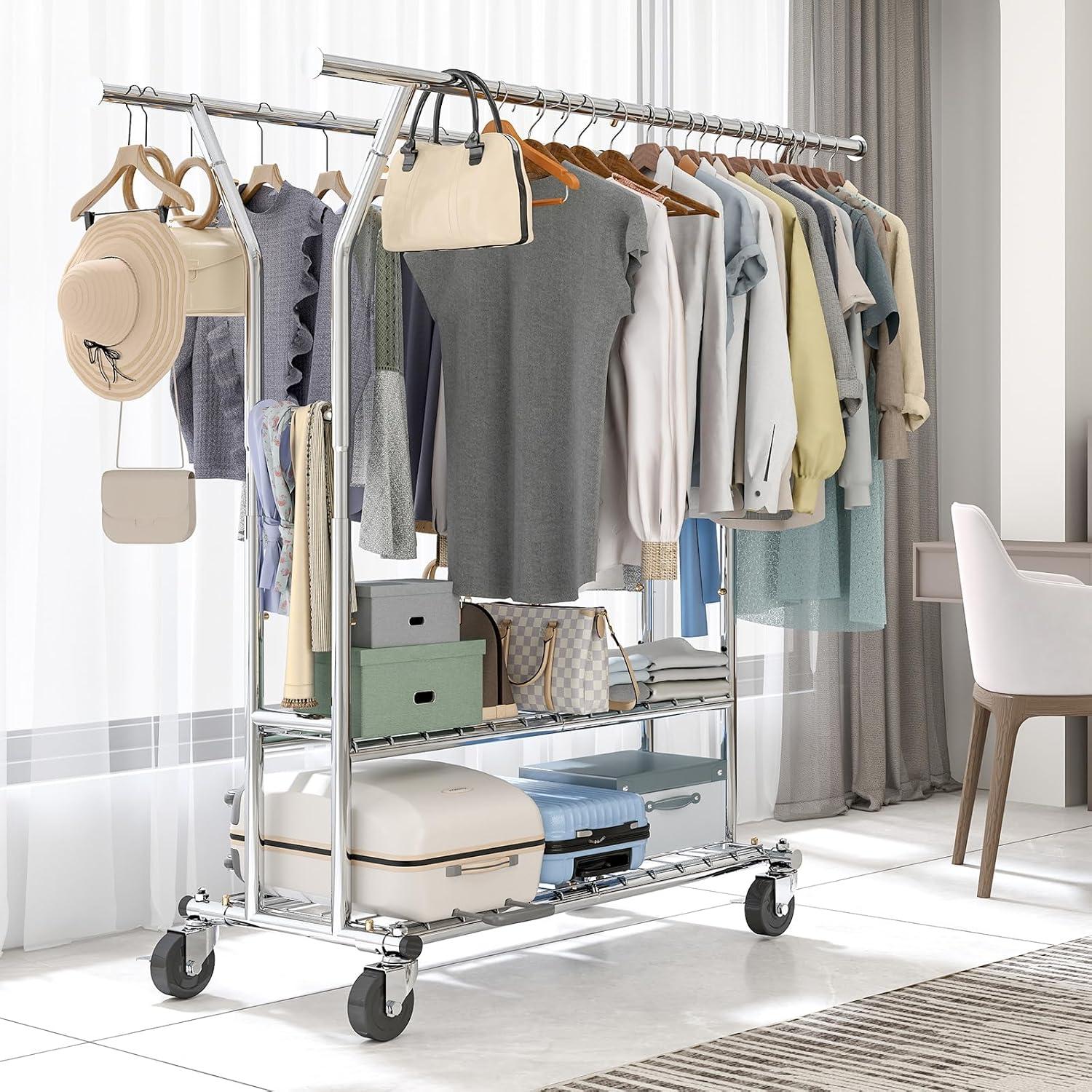 Rebrilliant Freestanding Rolling Garment Rack with Shelves and Wheels