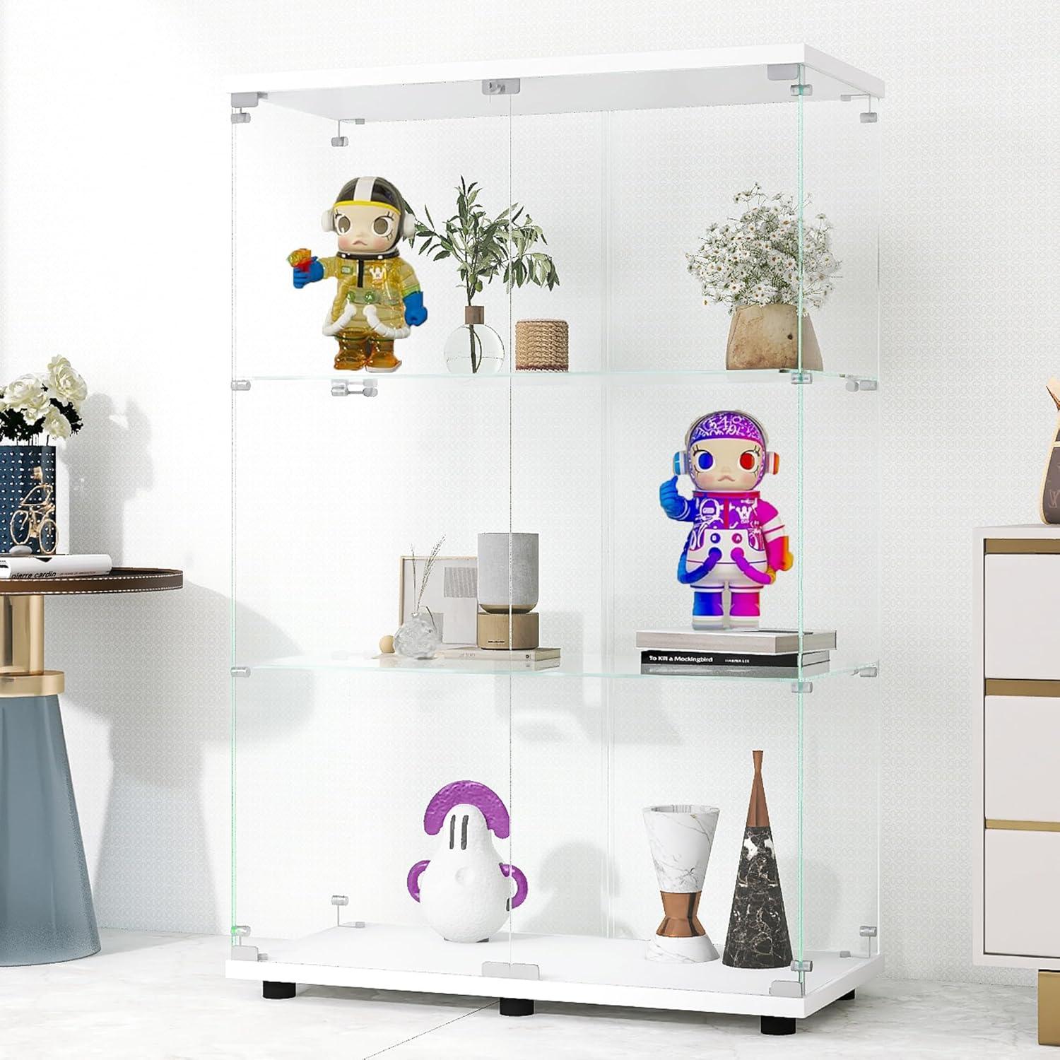 White Tempered Glass 3-Shelf Display Cabinet with Doors