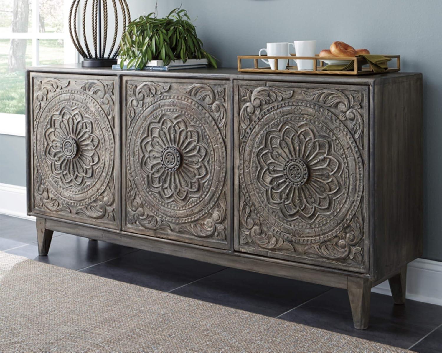 Exquisite Gray Hand-Carved 69'' Transitional Sideboard