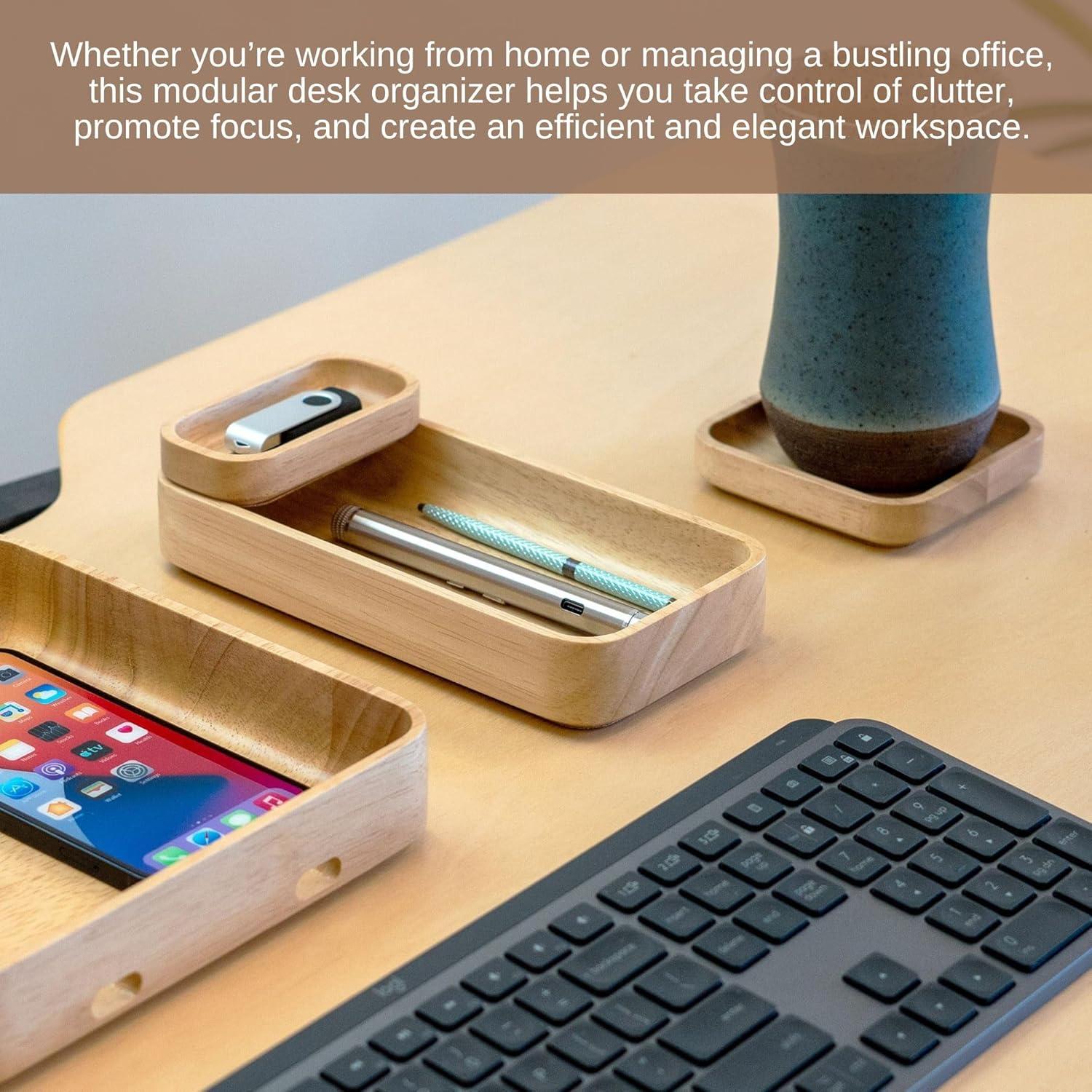 Hoek Stack Modular Desk Organizer - Sustainable Solid Wood with Sliding & Stackable Trays, Cork Bottom - Mid-Century Modern Setup to Study (Birch)