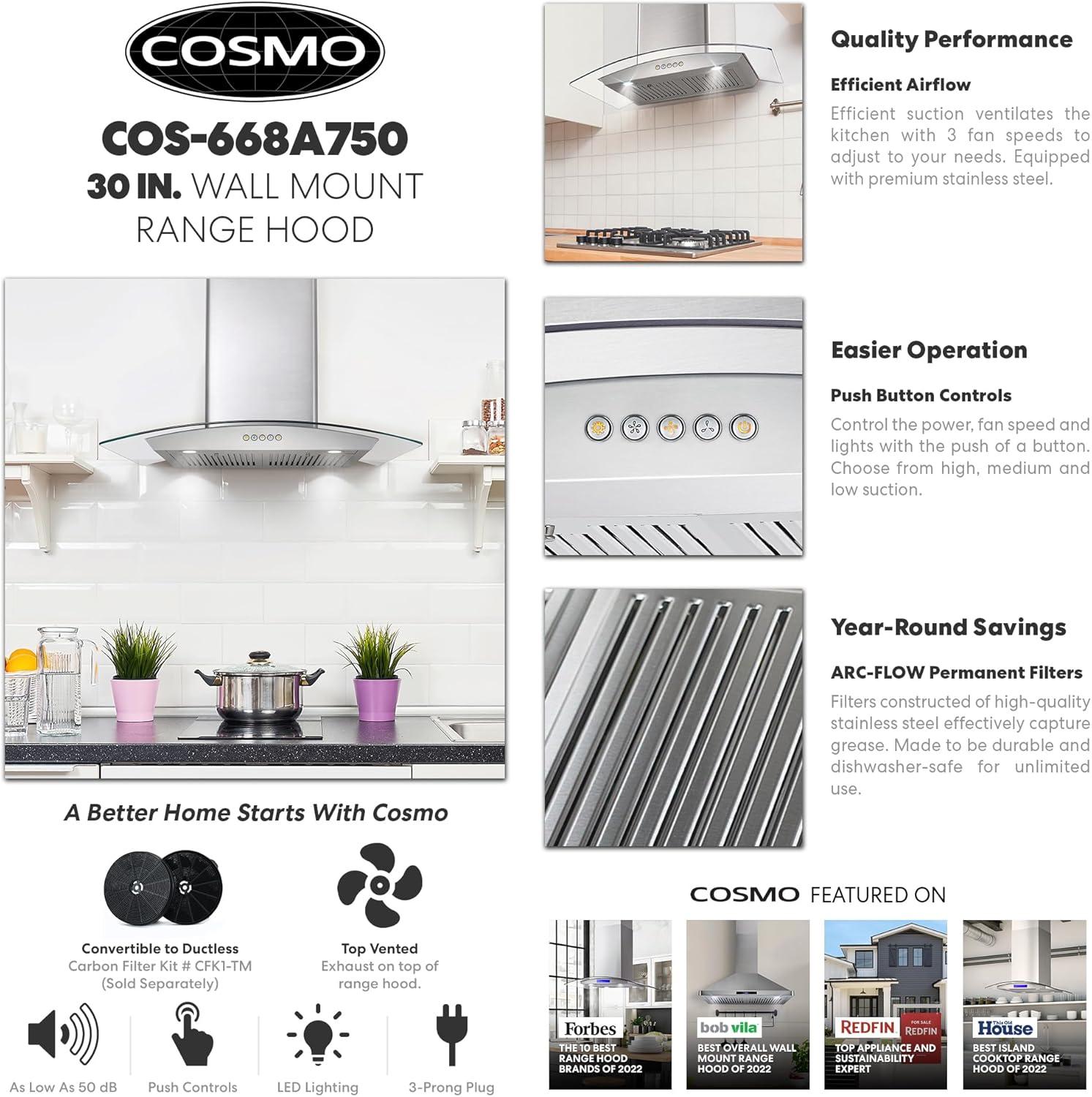 Cosmo 30 in. Ducted Wall Mount Range Hood Kitchen Hood in Stainless Steel with Push Button Controls, LED Lighting and Permanent Filters