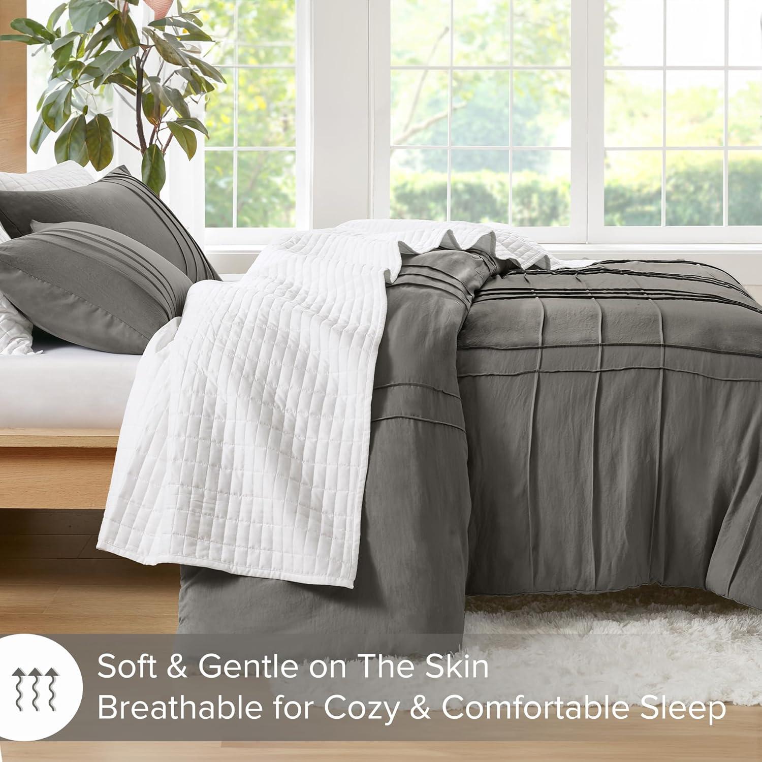 Regency Heights Twin/Twin XL Comforter Set, Boho 2-Piece Pintuck Stitching Dorm Bedding Set, Soft Washed Pleated Bed Sets with Pillow Sham Grey