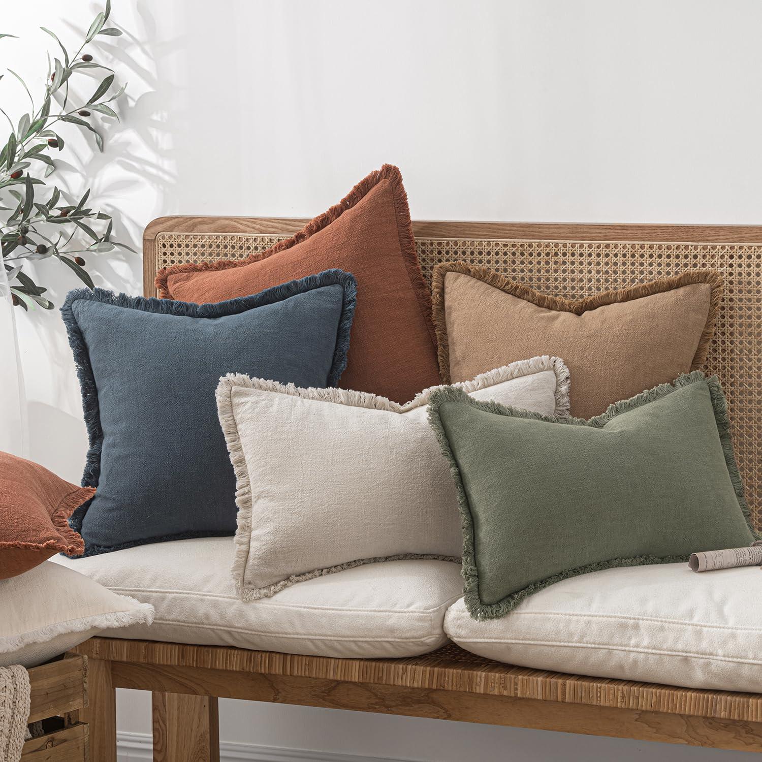 MADIZZ Set of 2 Linen Throw Pillow Covers with Broad Edge Soft Boho Decorative Pillow Cases for Sofa Bedroom Modern Pillow Shell 18x18 Inch Beige