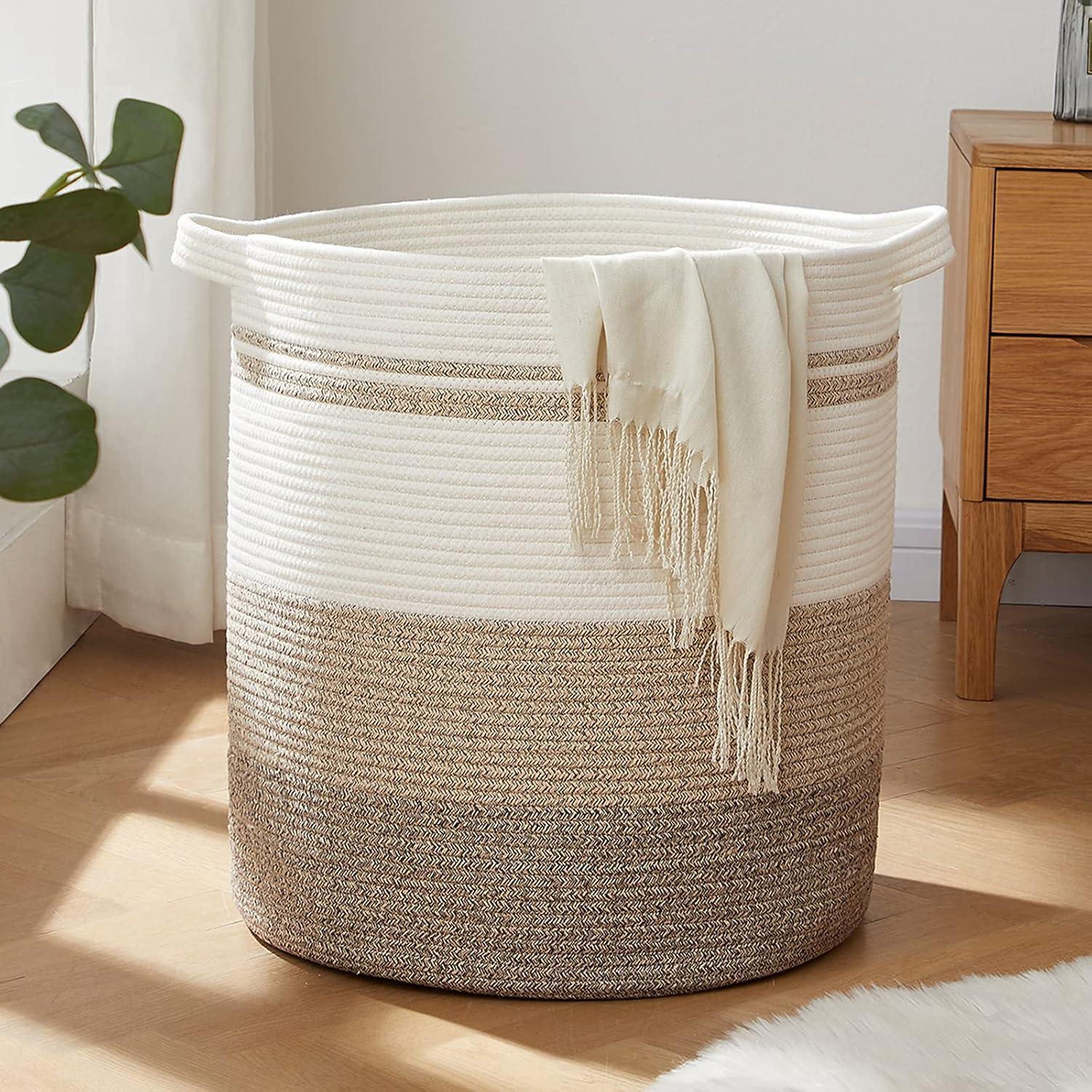 Large Beige and White Collapsible Woven Laundry Hamper